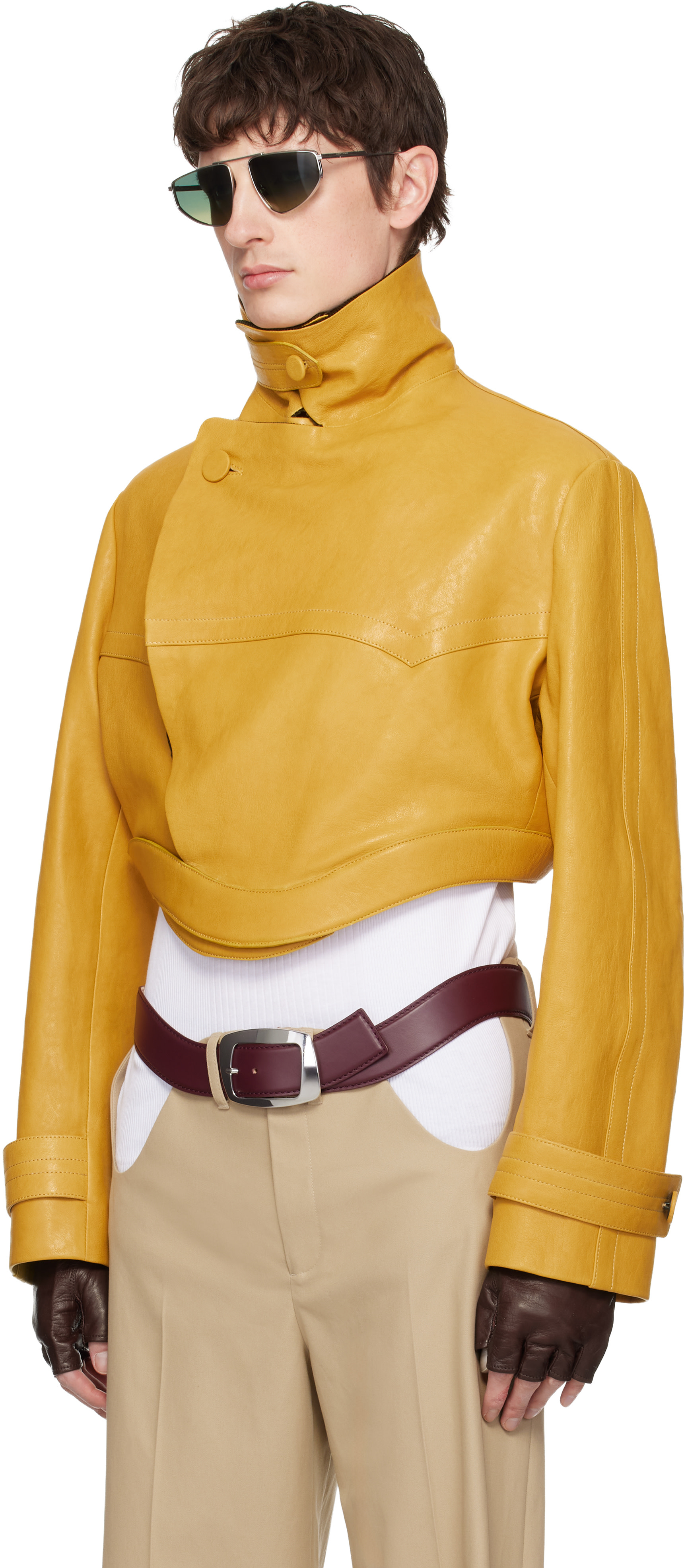 Jean Paul Gaultier: Yellow Curved Waistband Leather Jacket | SSENSE