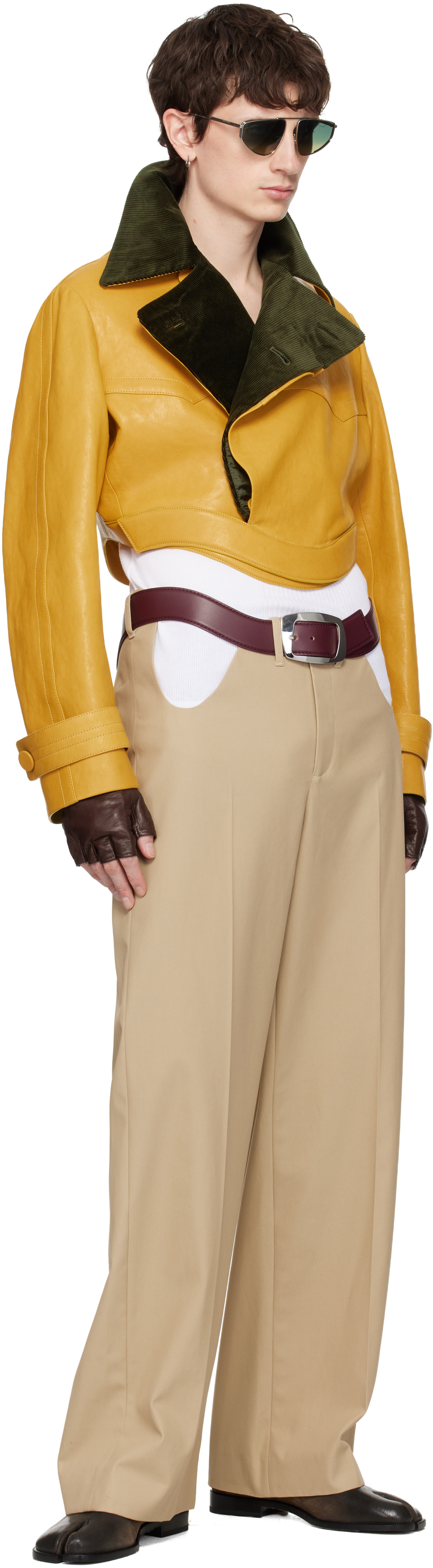Jean Paul Gaultier: Yellow Curved Waistband Leather Jacket | SSENSE