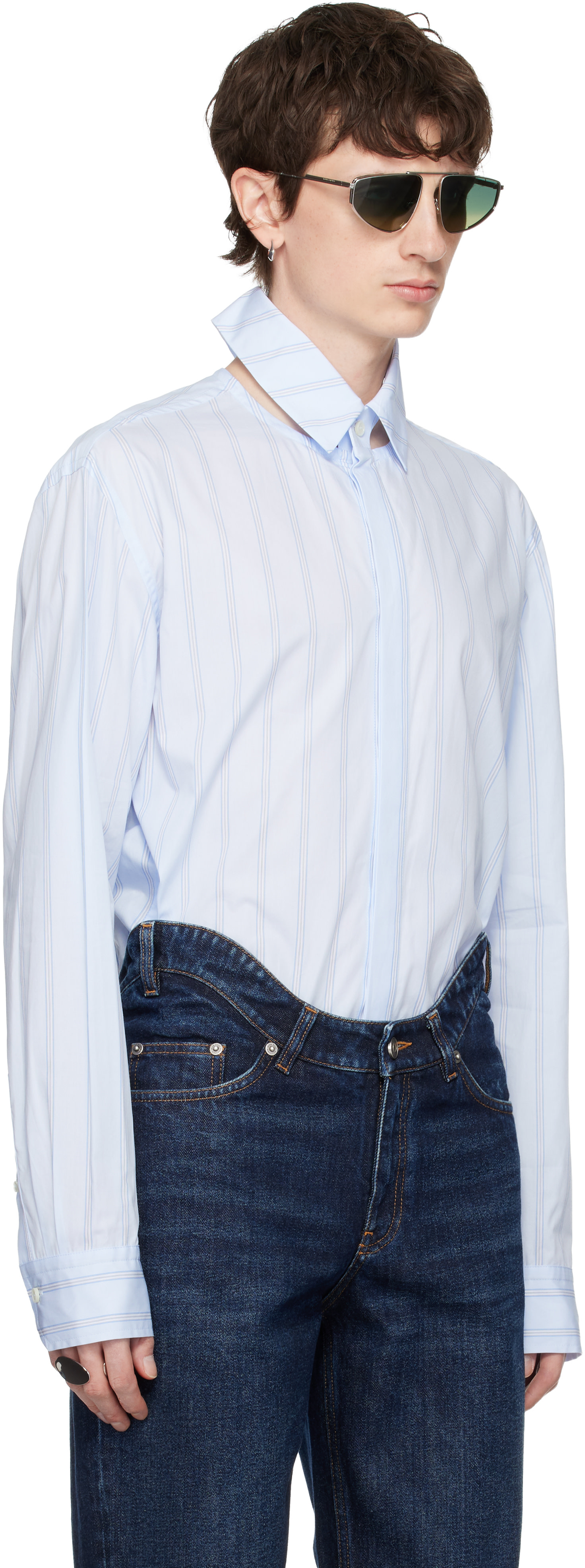 Jean Paul Gaultier: Blue Pinstriped Floating Collar Shirt | SSENSE