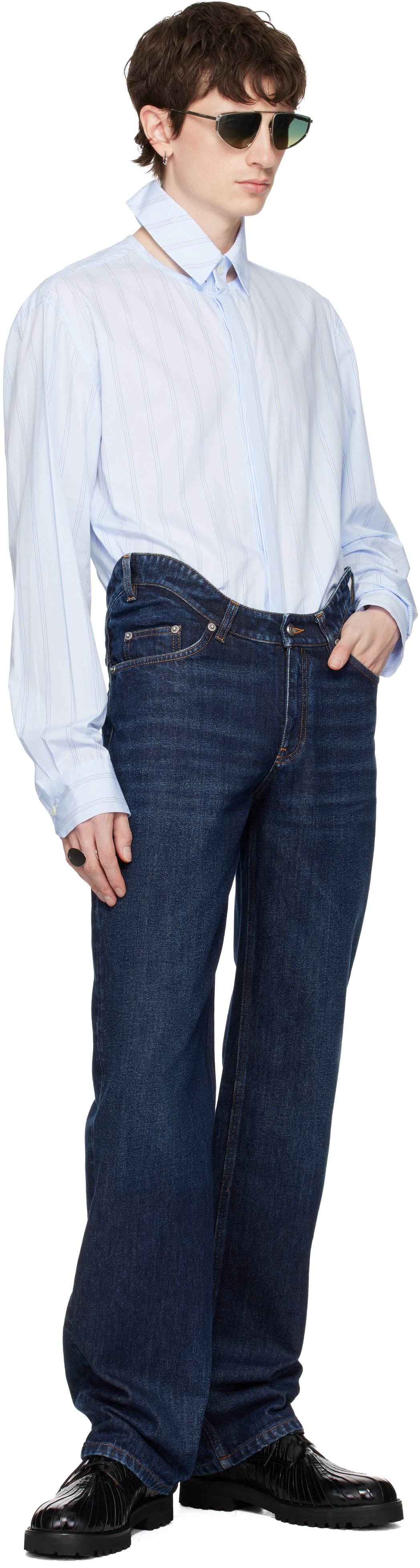 Jean Paul Gaultier: Blue Pinstriped Floating Collar Shirt | SSENSE