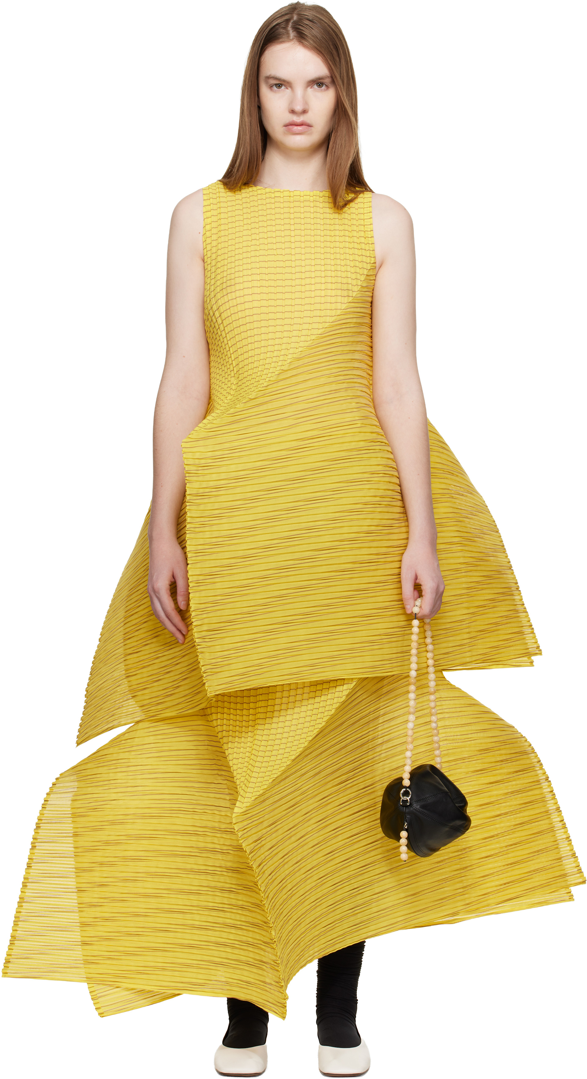 ISSEY MIYAKE: Yellow Generic Stripes Machine Pleats Minidress | SSENSE