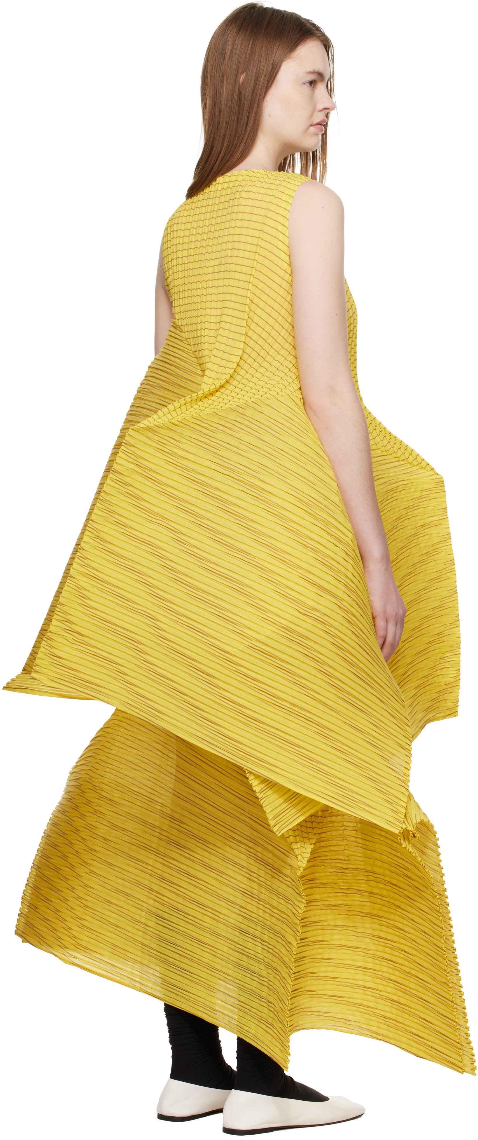 ISSEY MIYAKE: Yellow Generic Stripes Machine Pleats Minidress | SSENSE