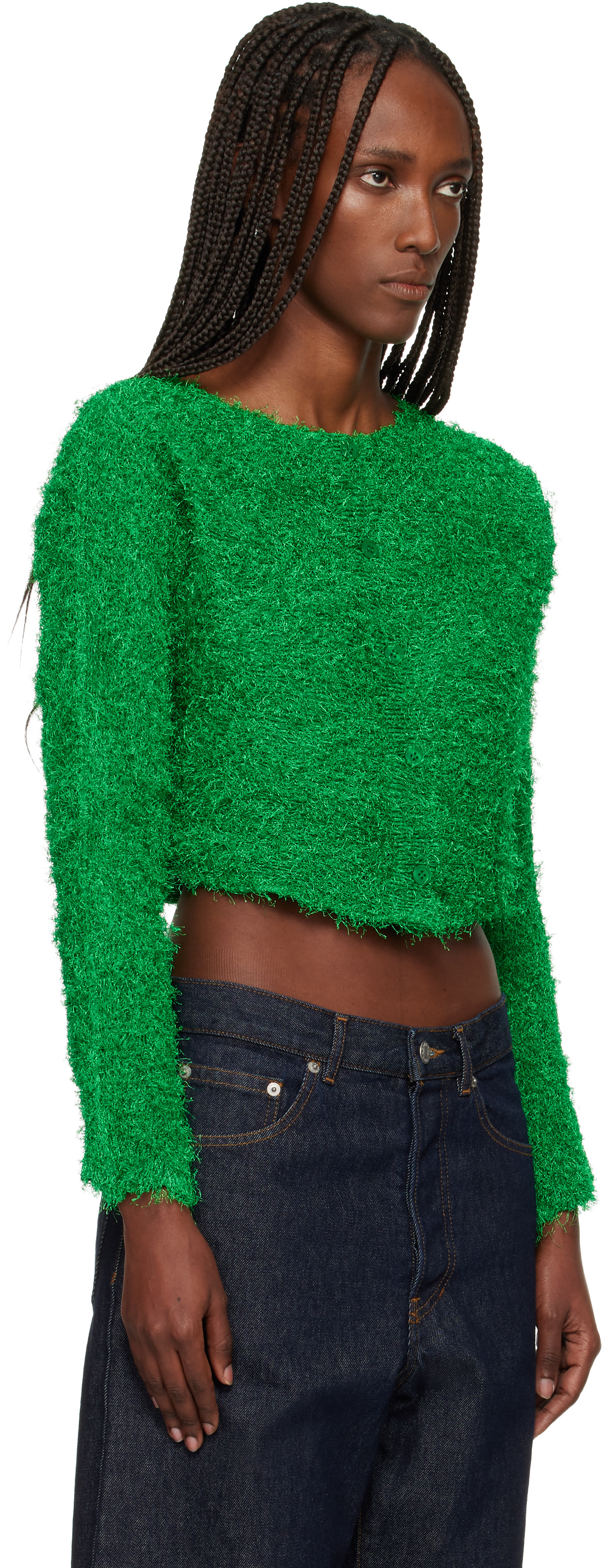 ISSEY MIYAKE: Green Shifted Fuzzy Pleats Cardigan | SSENSE Puerto Rico