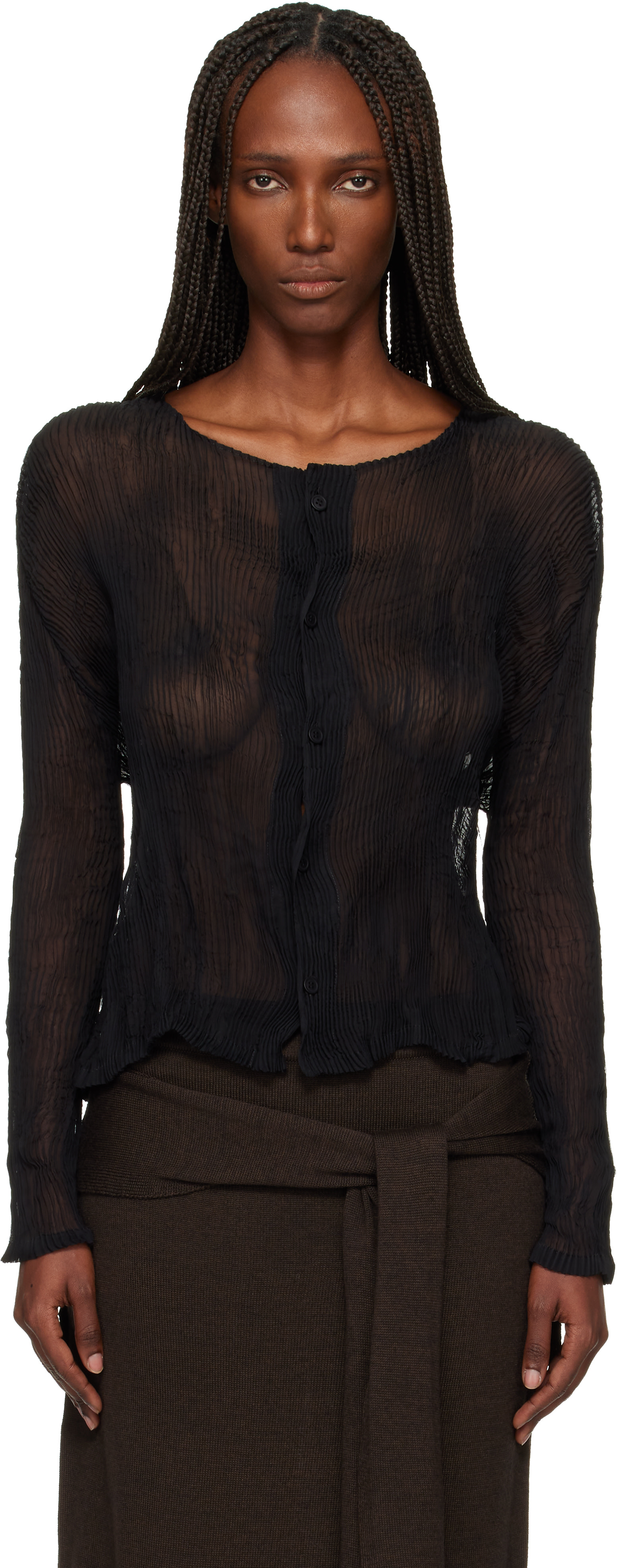 ISSEY MIYAKE: Black Chiffon Twist Cardigan | SSENSE