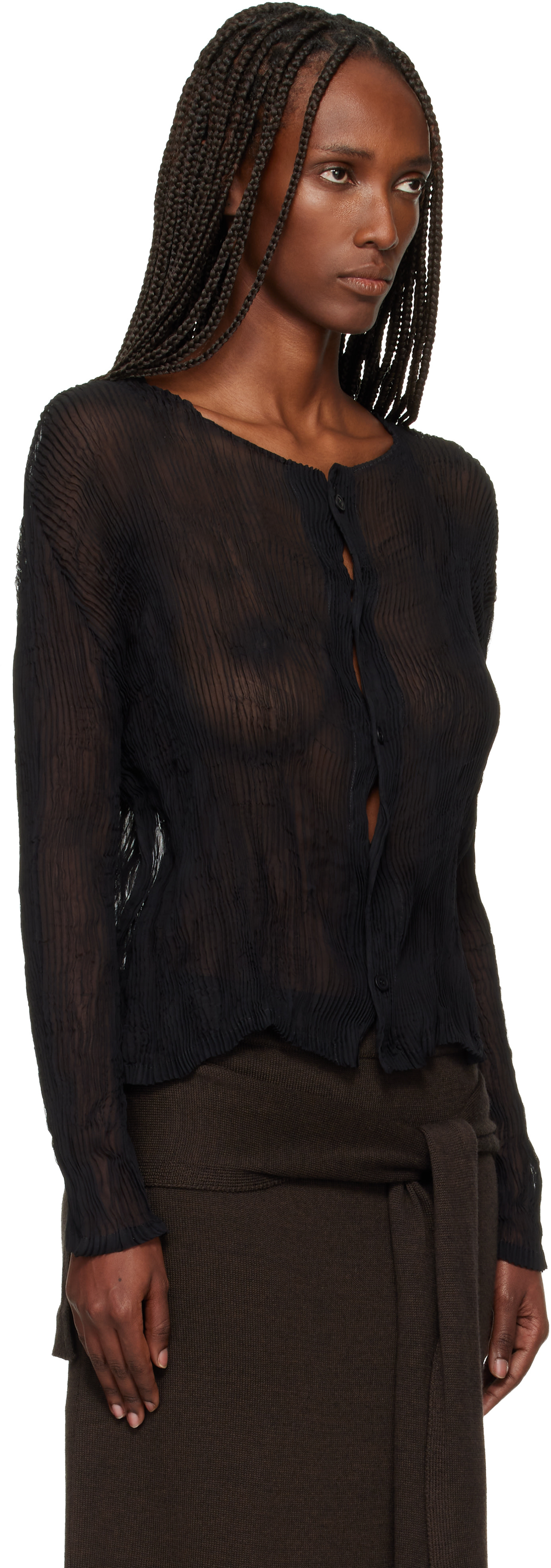 イッセイミヤケ　シフォンツイスト カーディガン ISSEY MIYAKE: Black Chiffon Twist Cardigan | SSENSE