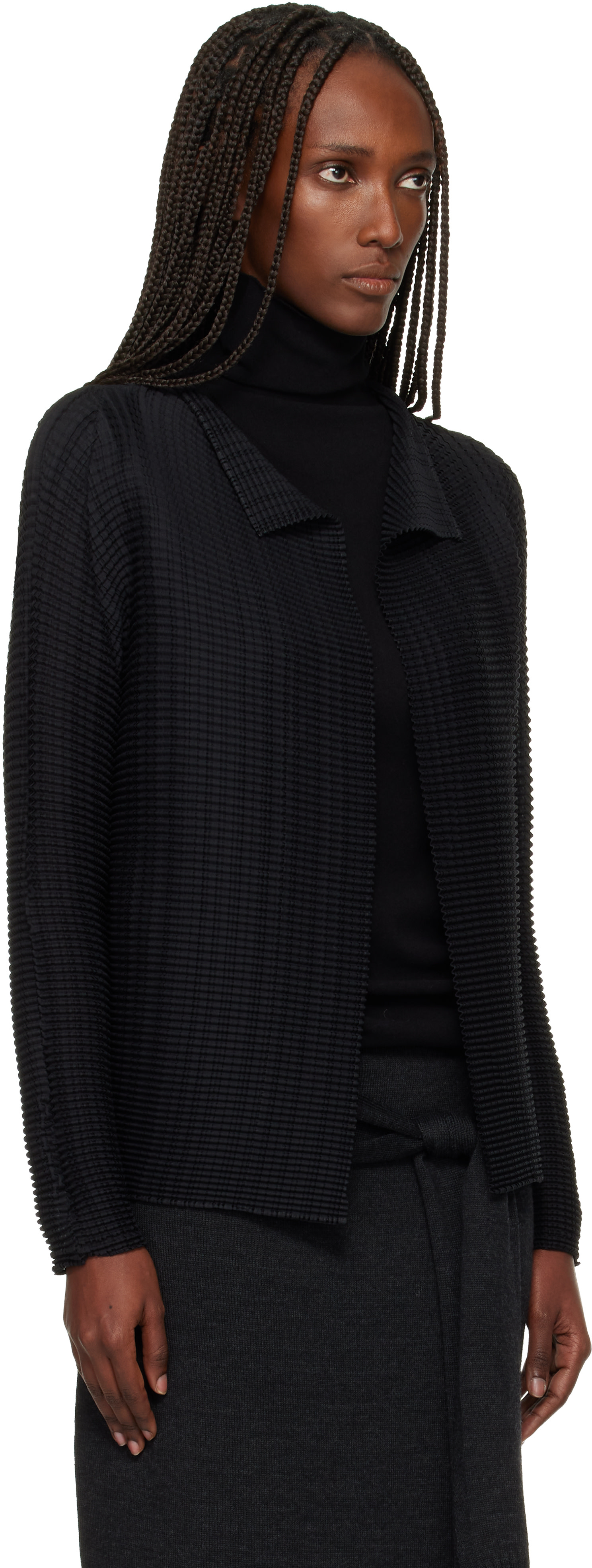 ISSEY MIYAKE: Black Wooly Pleats Cardigan | SSENSE Canada