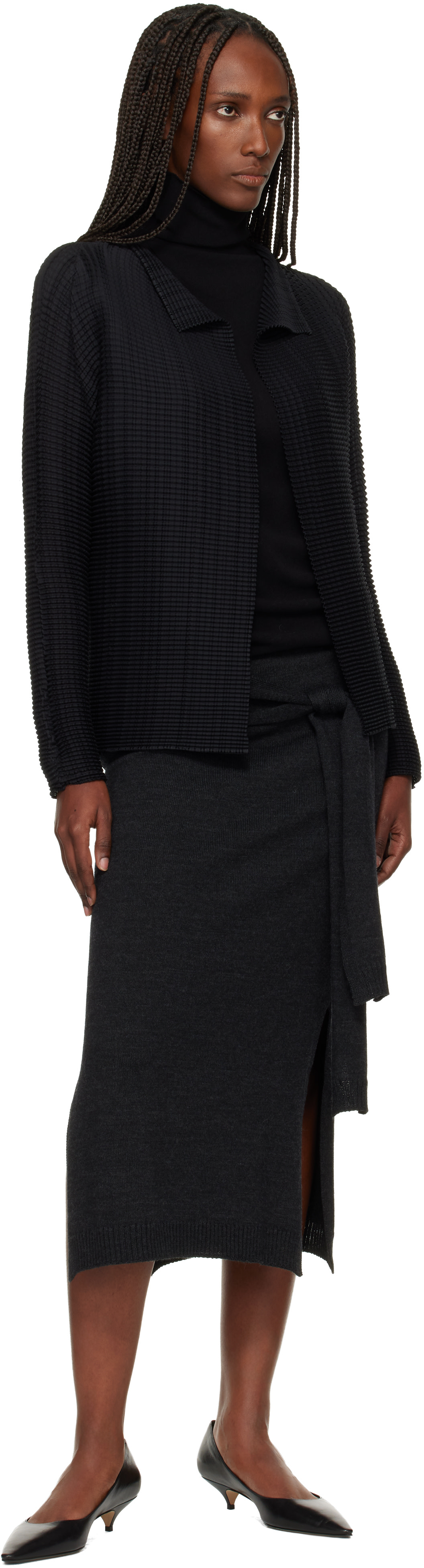 ISSEY MIYAKE: Black Wooly Pleats Cardigan | SSENSE