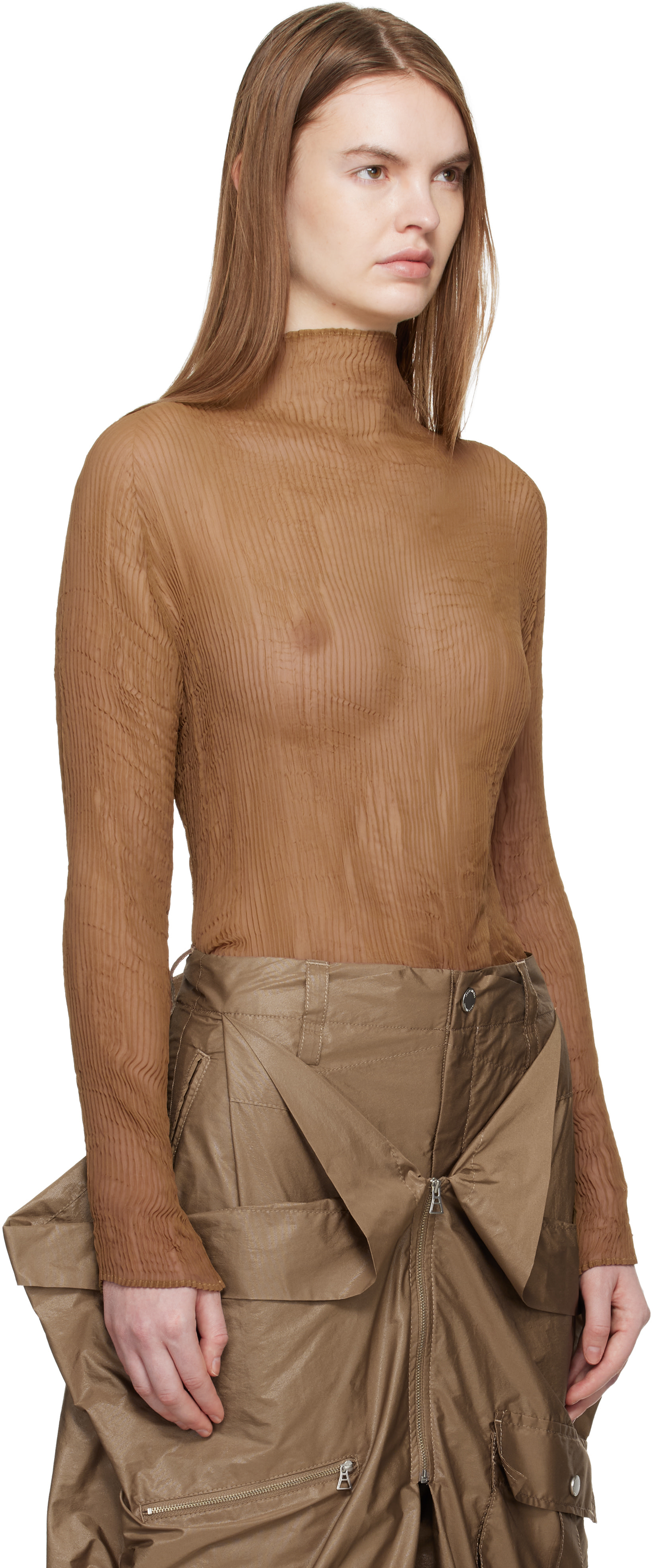 ISSEY MIYAKE: Beige Chiffon Twist 3 Top | SSENSE