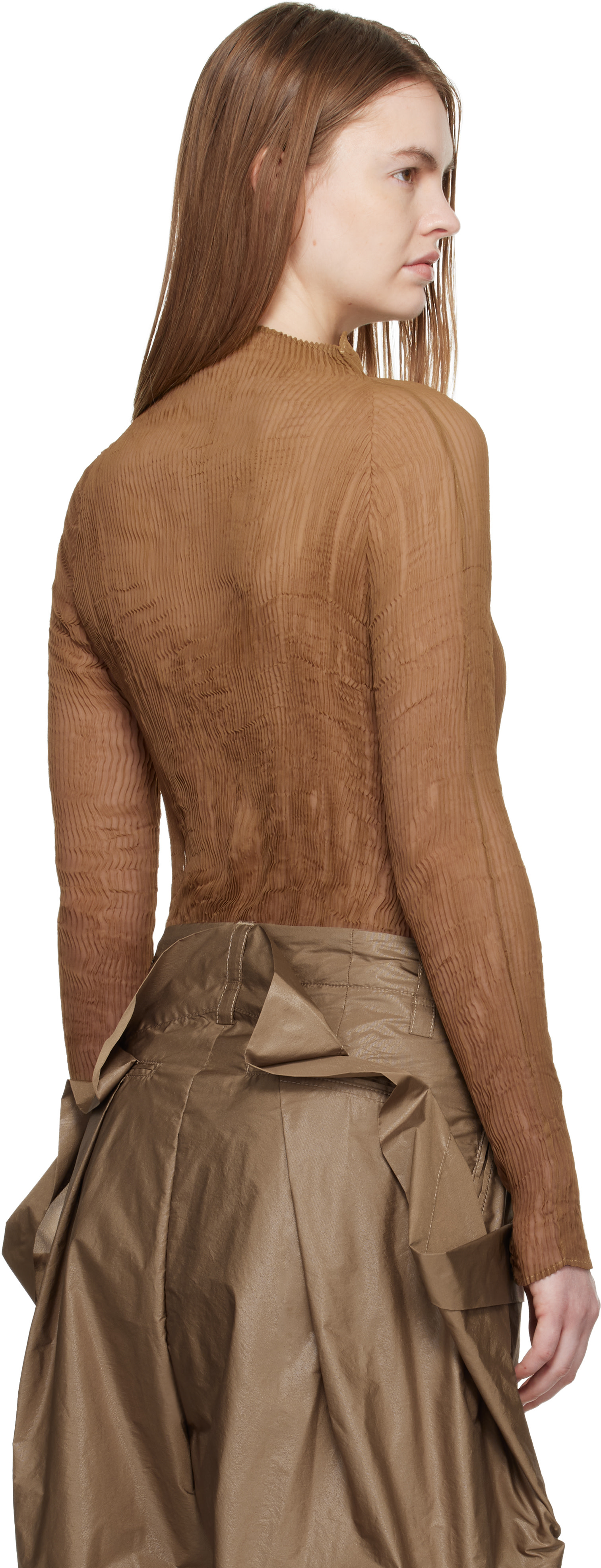 ISSEI MIYAKE シフォンツイスト カットソー ISSEY MIYAKE: Beige Chiffon Twist 3 Top | SSENSE