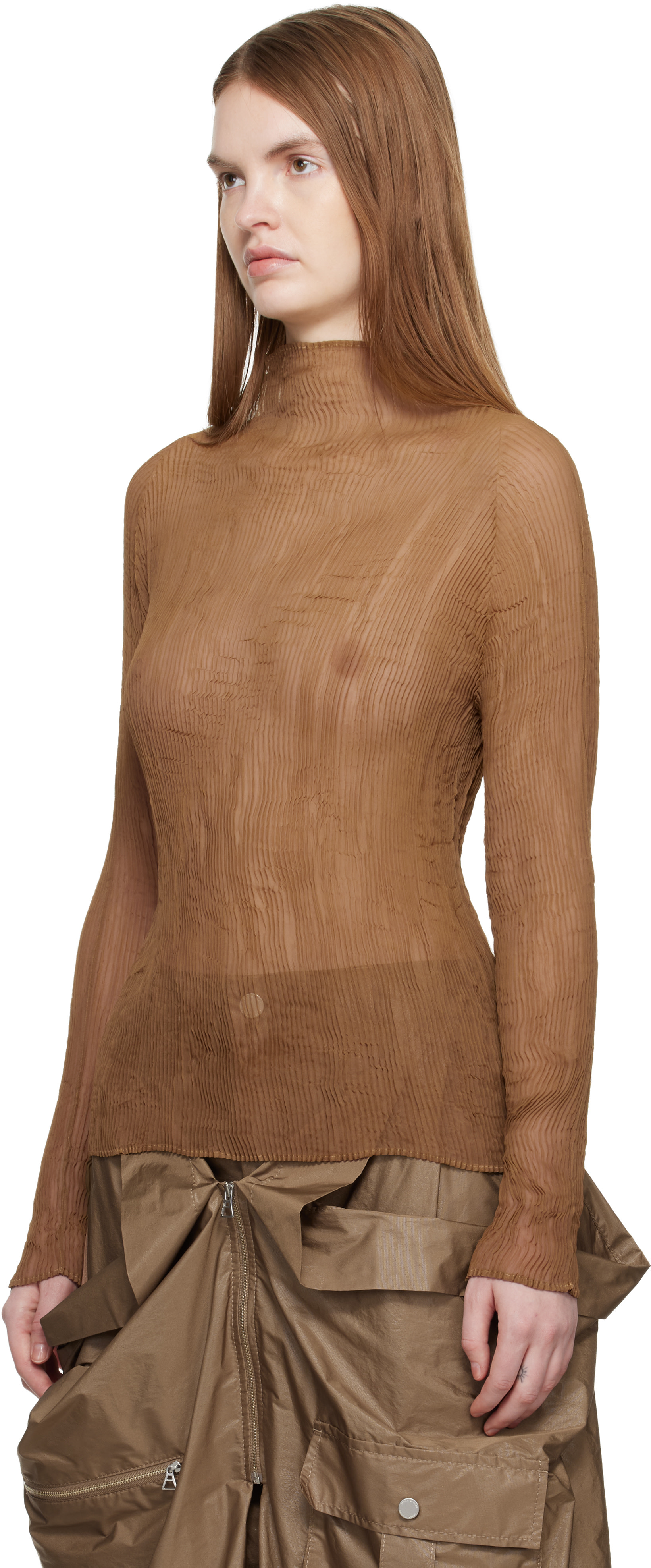 ドメスティック アーカイブ アート古着 ISSEY MIYAKE シアートップス ISSEY MIYAKE: Beige Chiffon Twist 3 Top | SSENSE