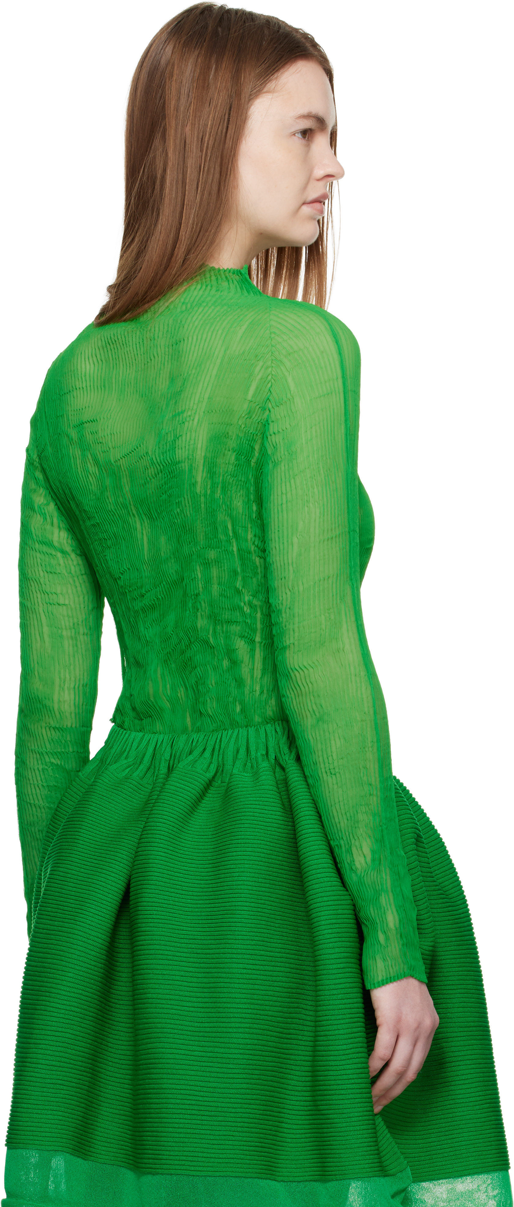 ISSEY MIYAKE: Green Chiffon Twist 3 Top | SSENSE