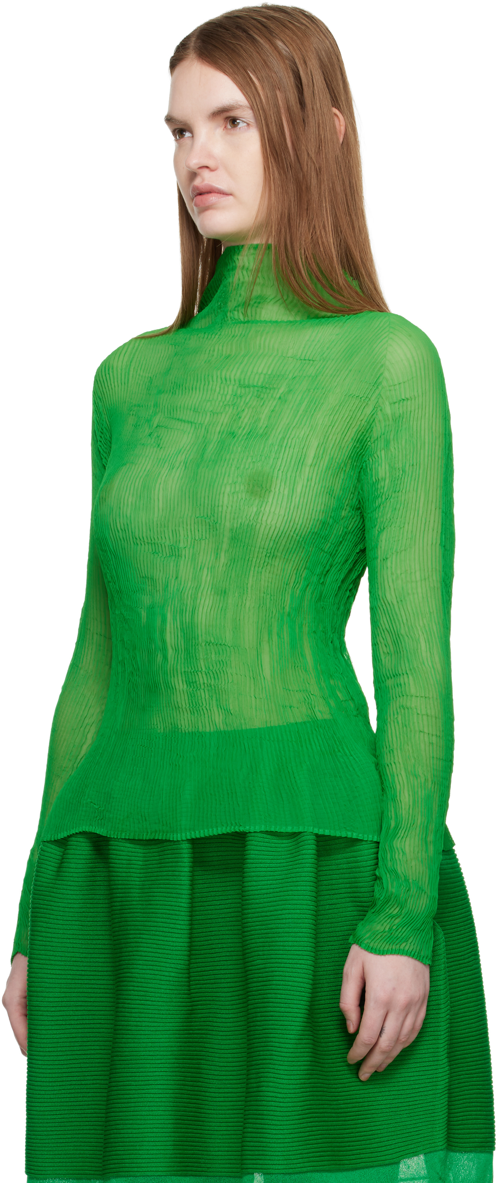 ISSEY MIYAKE: Green Chiffon Twist 3 Top | SSENSE