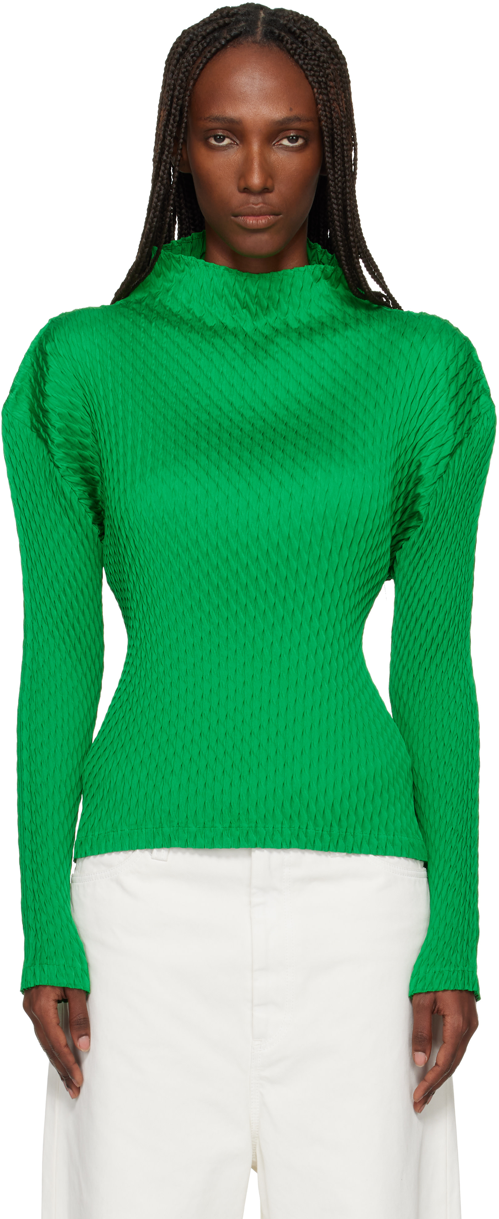 ISSEY MIYAKE: Green Sleek Pleats Turtleneck | SSENSE