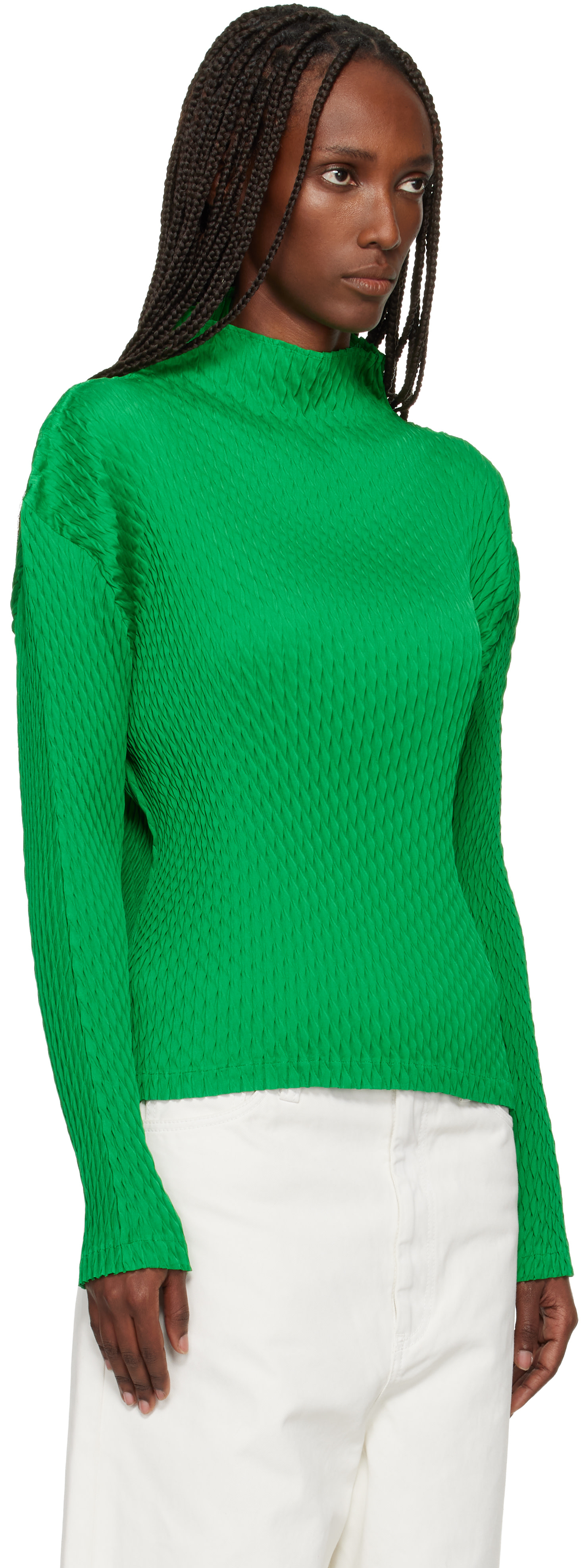 ISSEY MIYAKE: Green Sleek Pleats Turtleneck | SSENSE