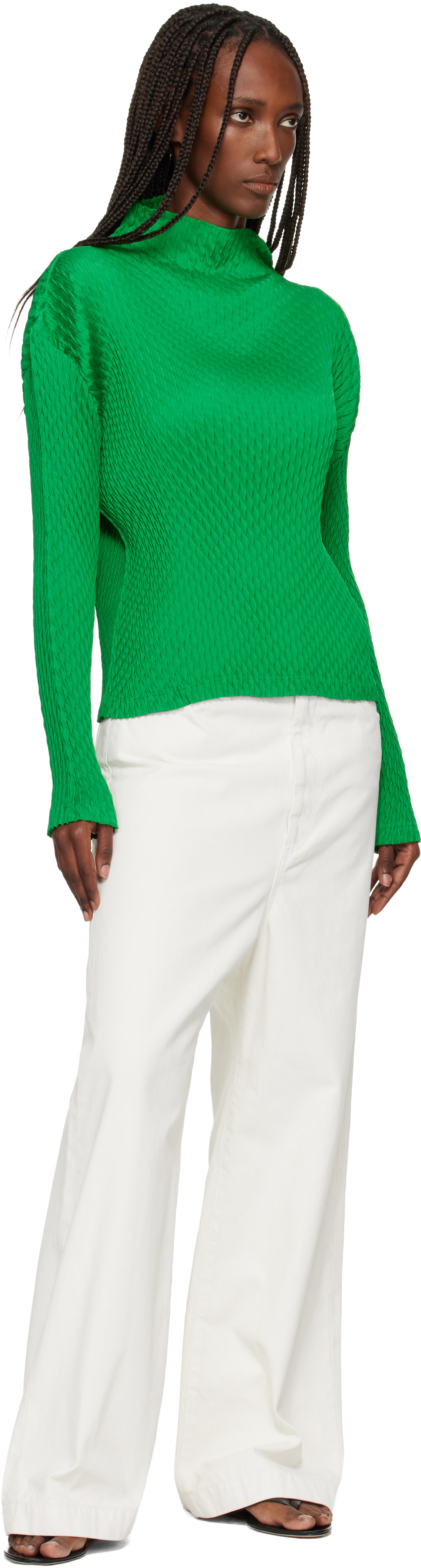ISSEY MIYAKE: Green Sleek Pleats Turtleneck | SSENSE