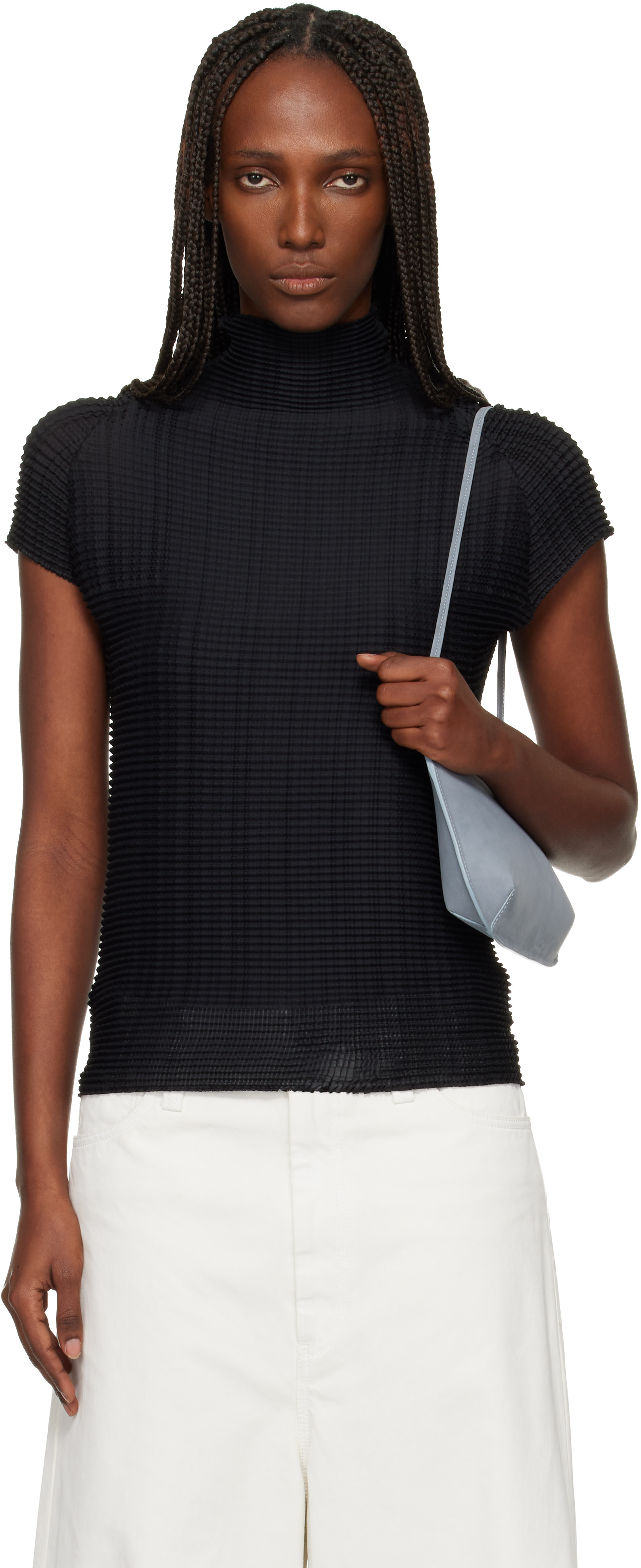 ISSEY MIYAKE: Black Wooly Pleats Top | SSENSE Norway