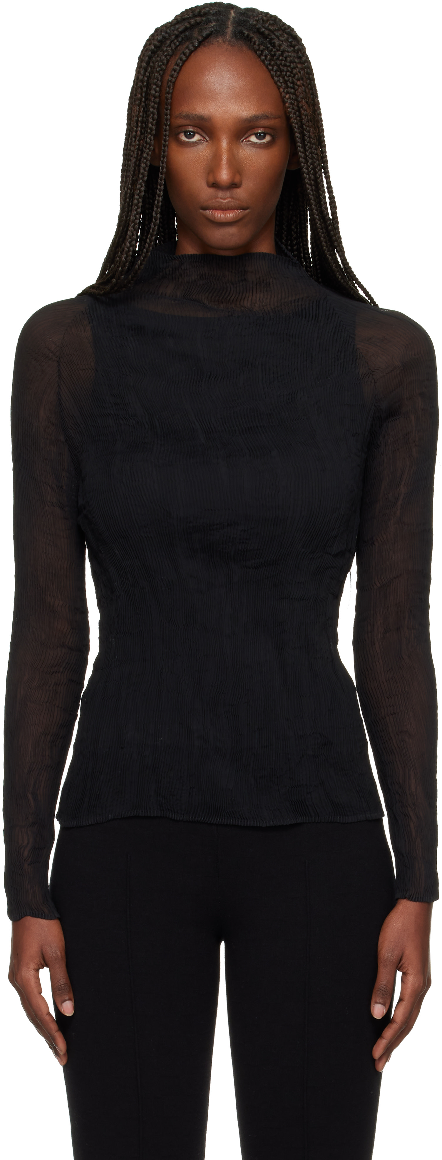 ISSEY MIYAKE: Black Chiffon Twist Top | SSENSE Canada