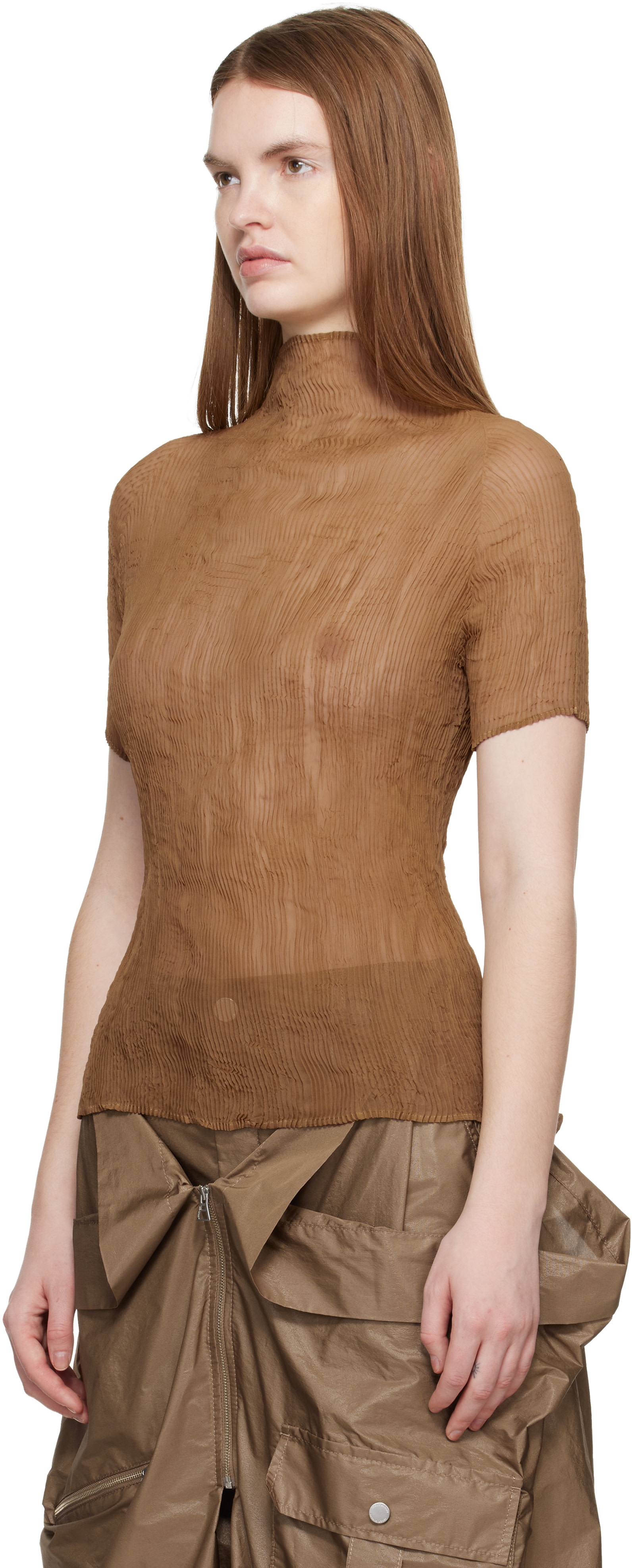 ISSEY MIYAKE: Beige Chiffon Twist 3 Top | SSENSE