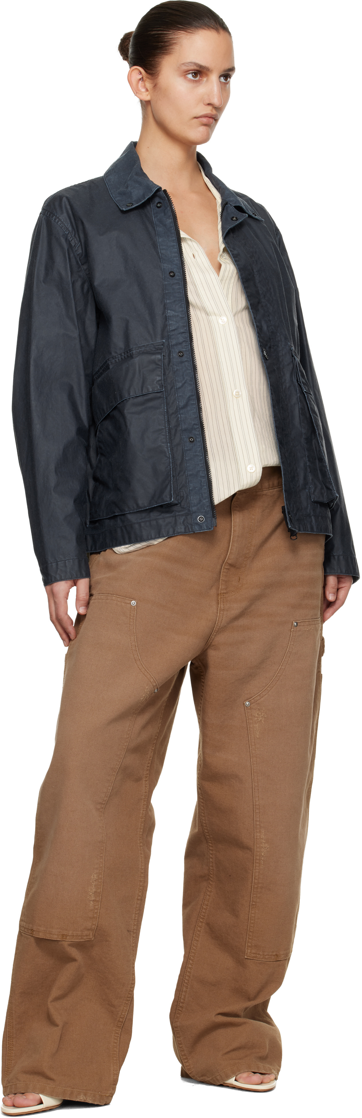 STONE  2004SS コットンヘンプブルゾン Stone Island: Navy 4100054 Waxed Pigment Cotton Tela Jacket | SSENSE