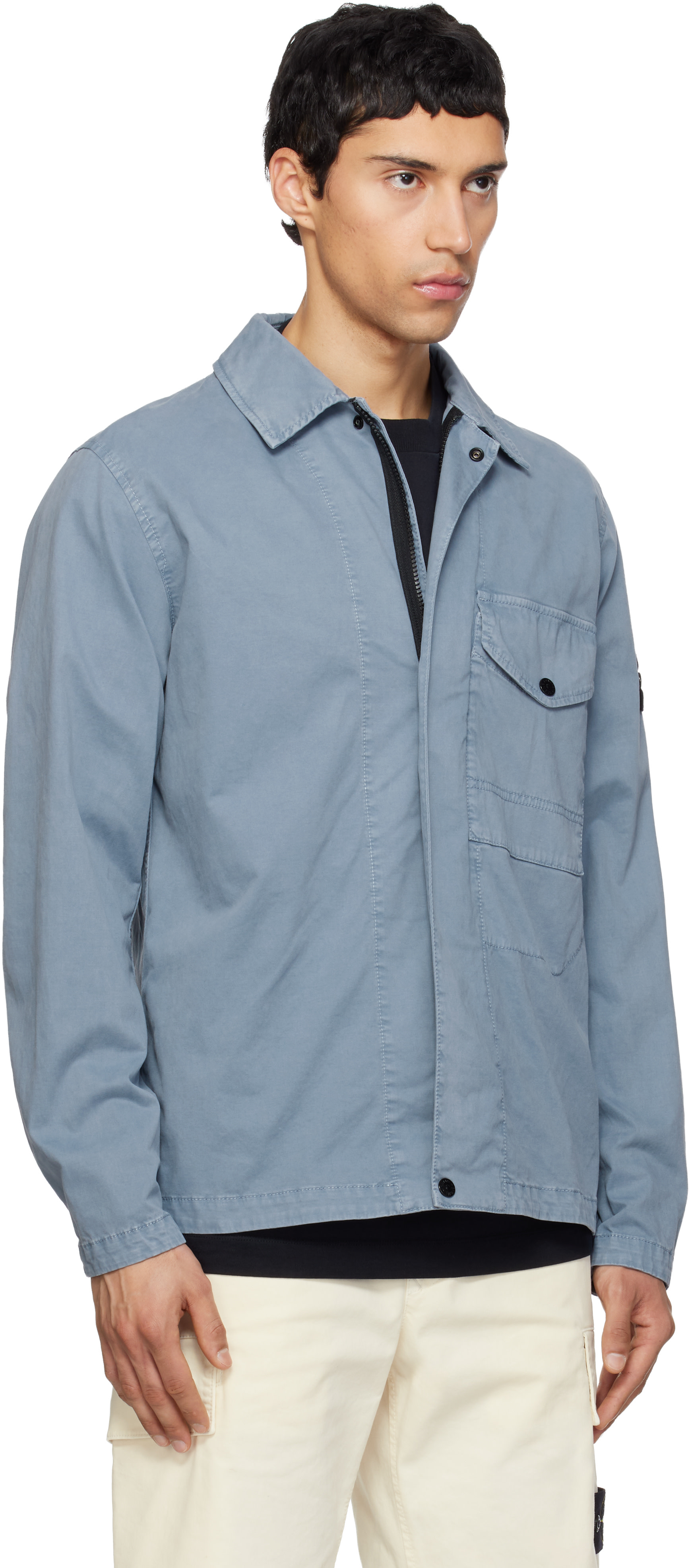 Stone  ネイビージャケット Stone Island: ブルー 1200001 Organic Cotton Stretch 'Old' Effect