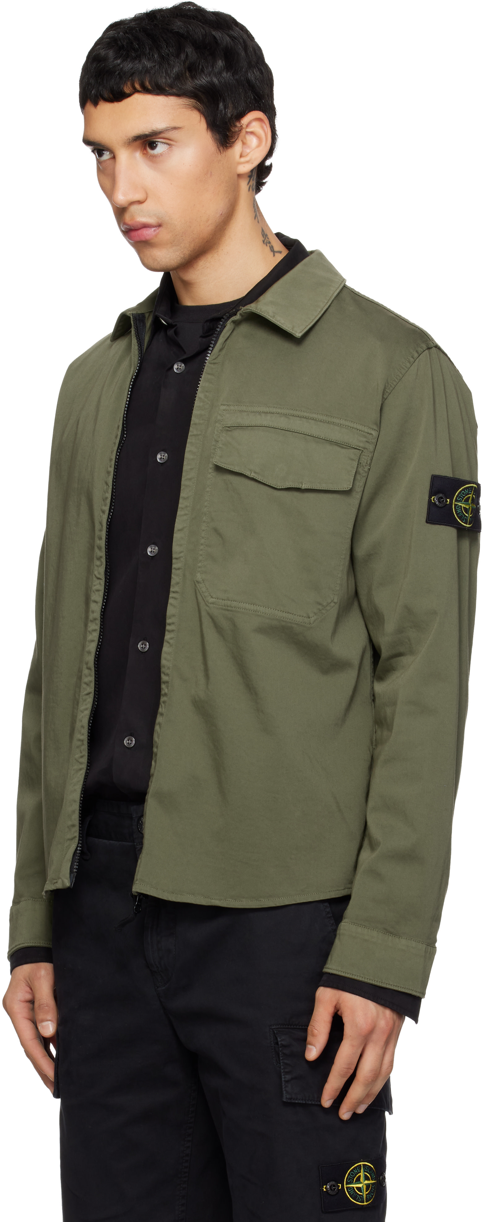 Stone Island: カーキ 1200015 Stretch Organic Cotton Satin シャツ