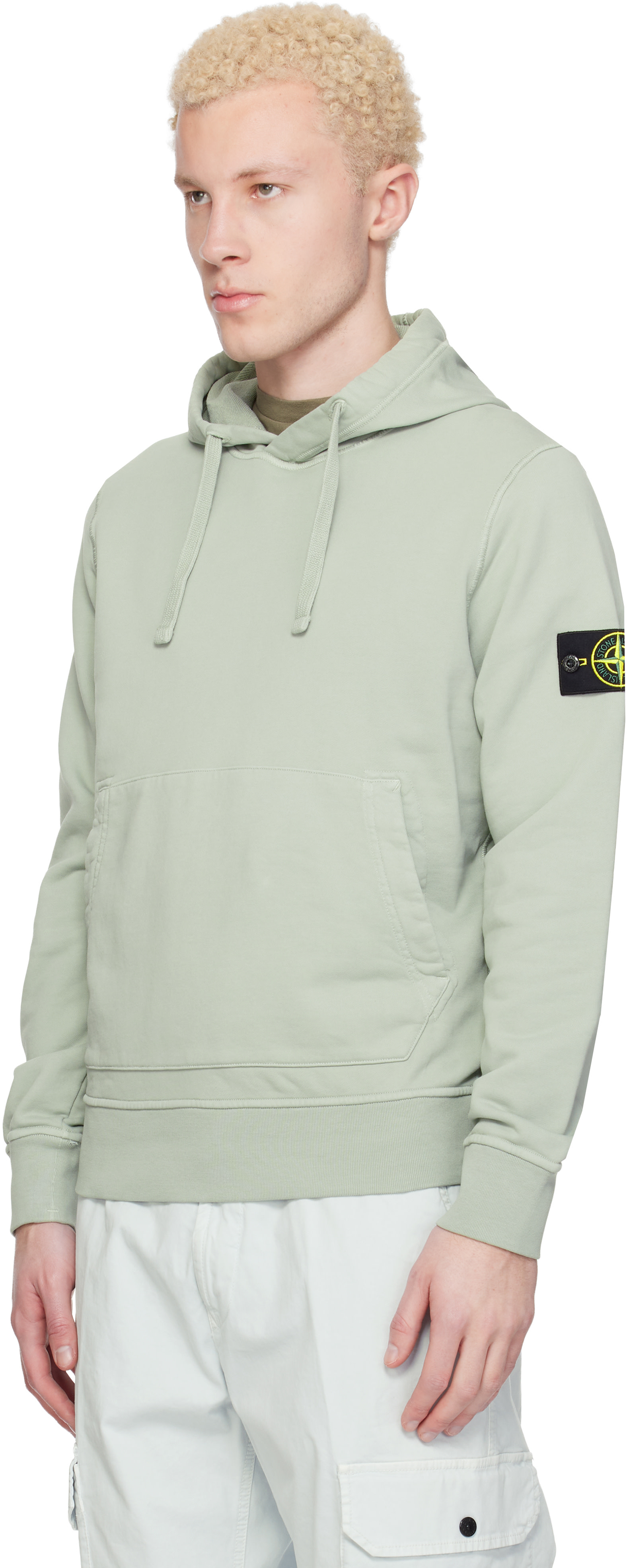 Stone Island - Pull à capuche 6100062 vert en molleton de coton bio