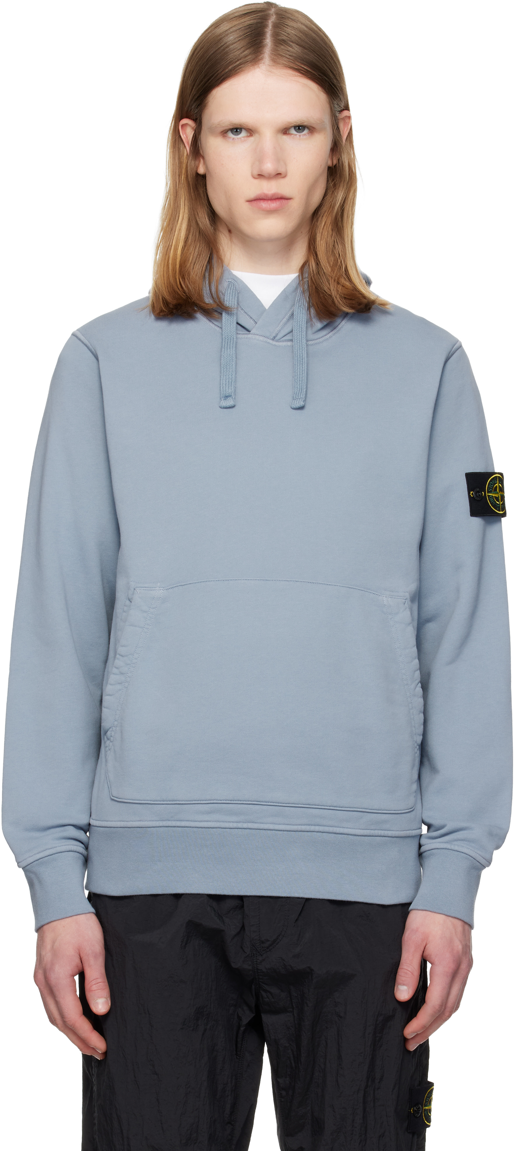 Stone Island - Pull à capuche 6100061 bleu en molleton de coton bio