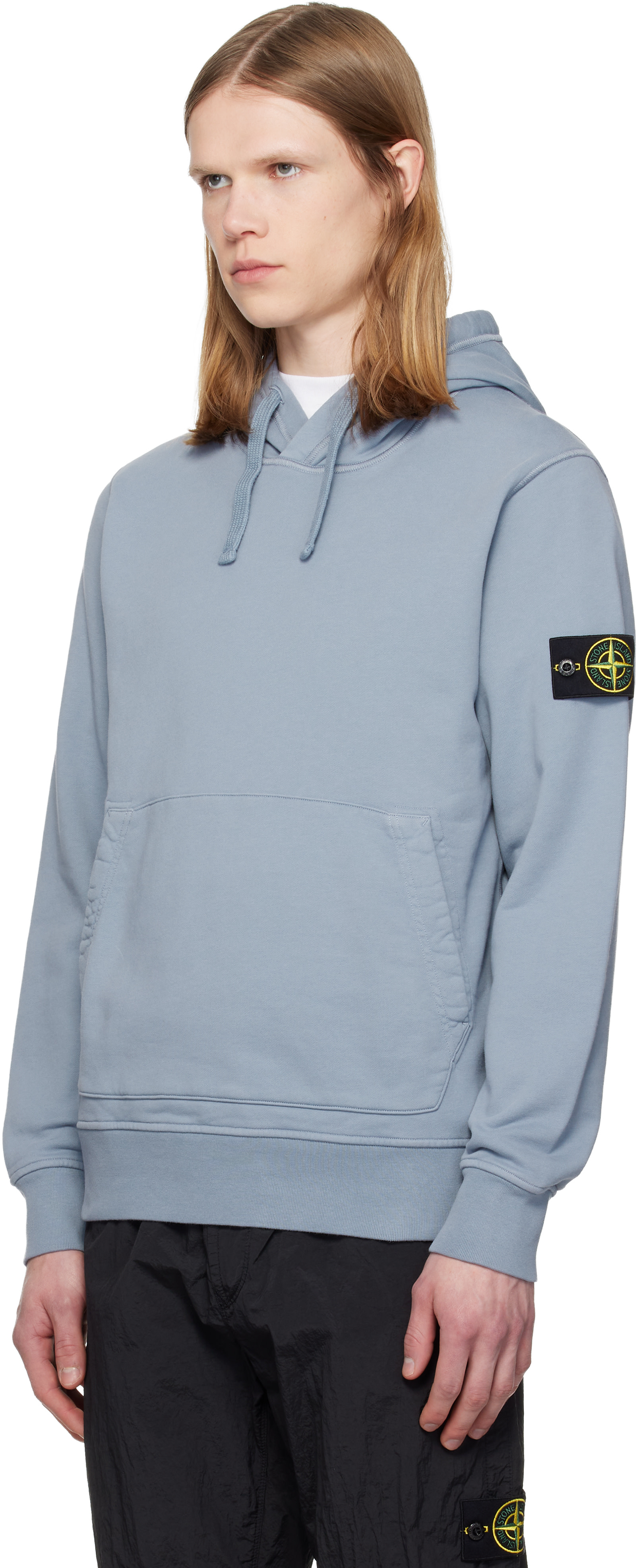 Stone Island - Pull à capuche 6100061 bleu en molleton de coton bio