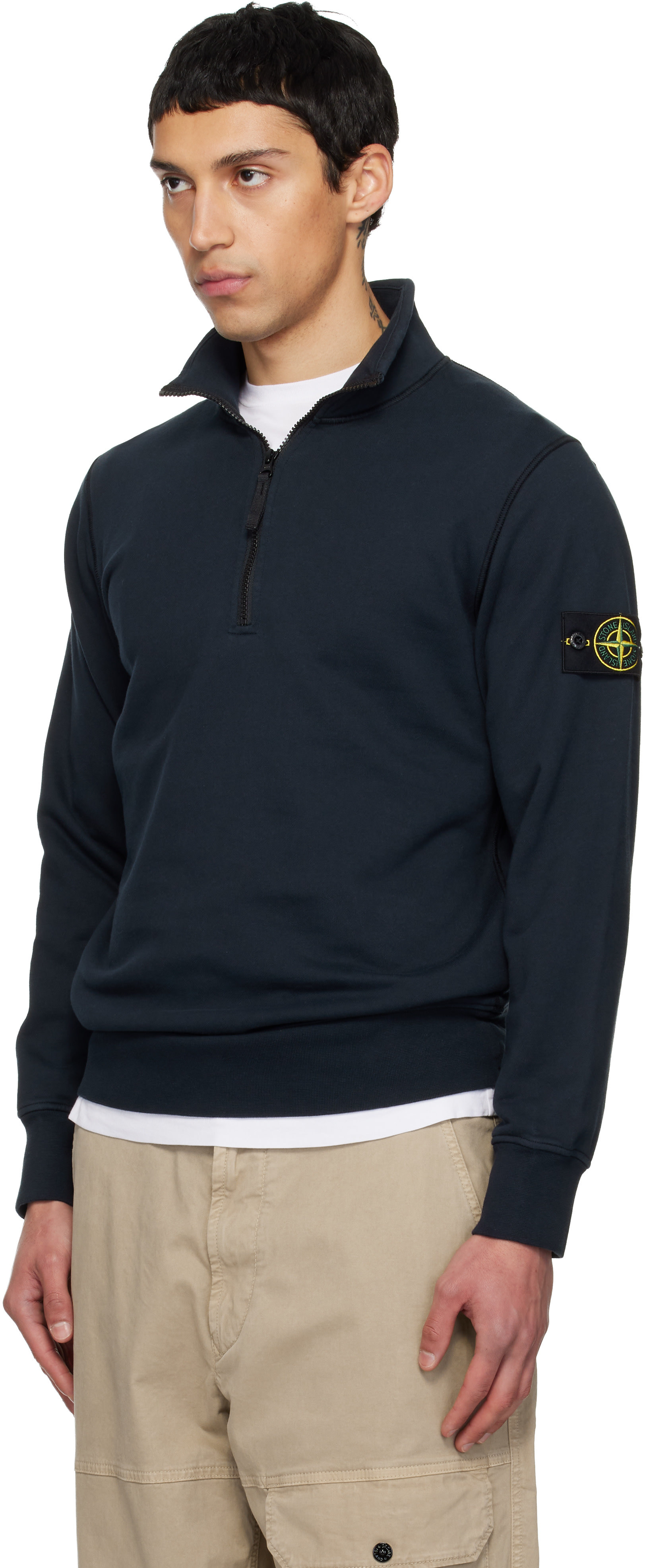 Stone Island - Pull molletonné 6100070 bleu marine en molleton de coton