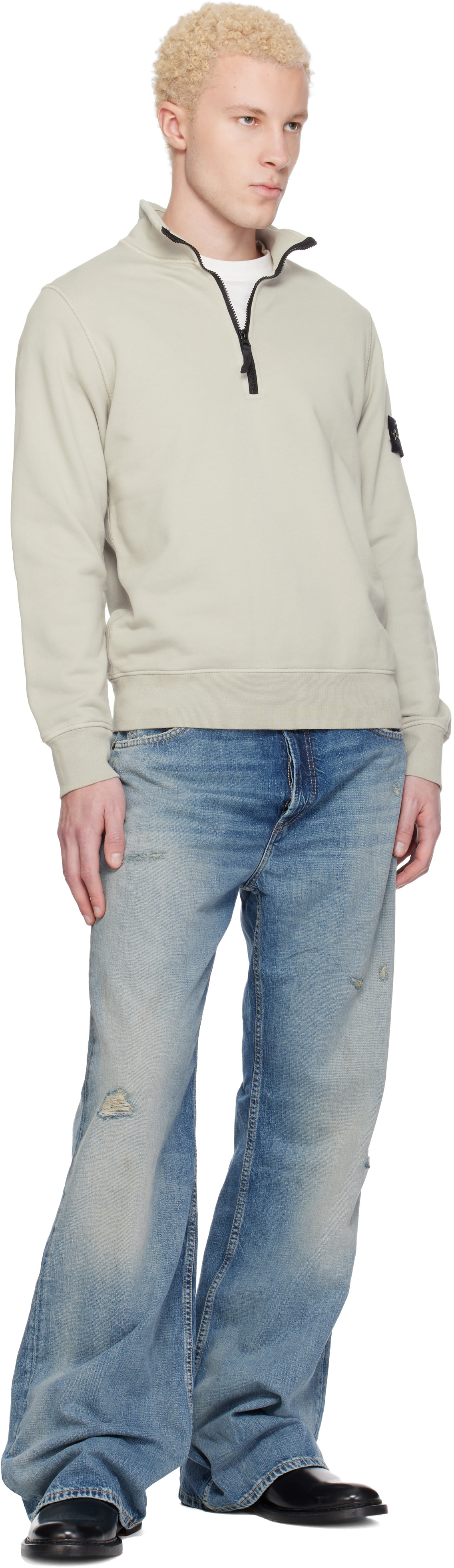 Stone Island - Pull molletonné 6100070 gris en molleton de coton bio
