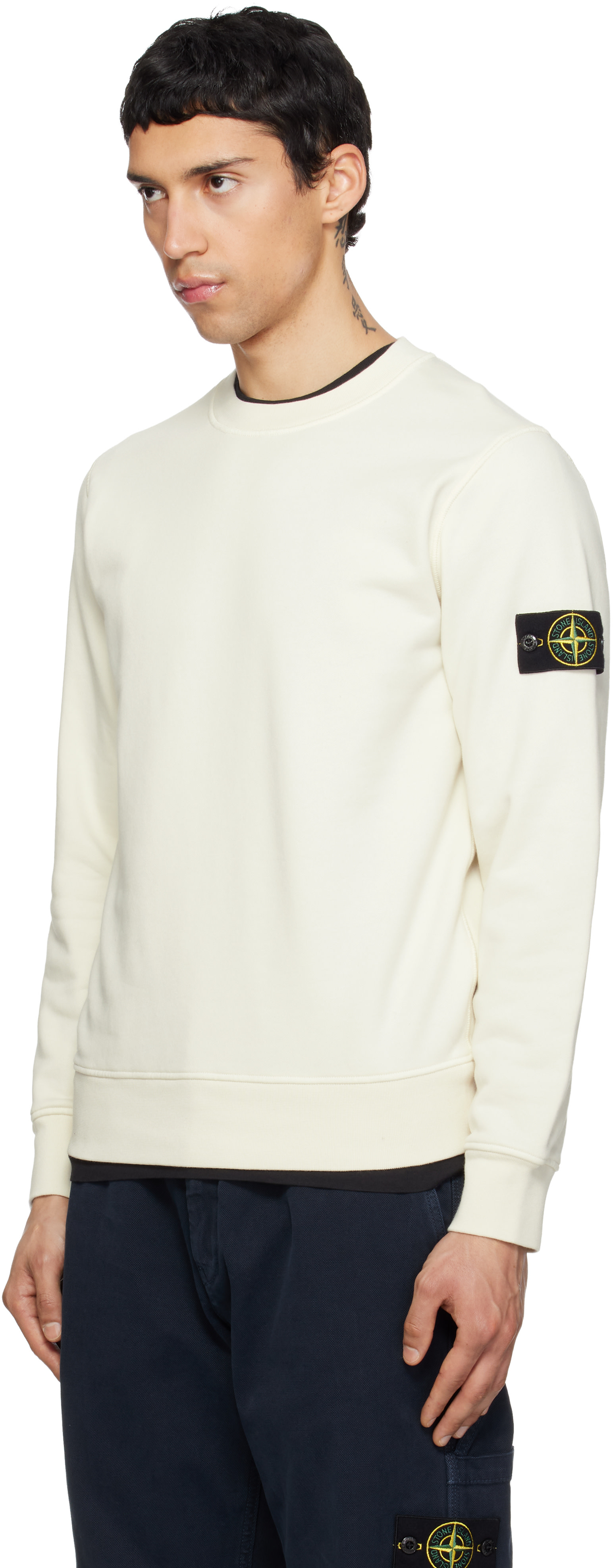 Stone Island - Pull molletonné 6100060 blanc cassé en coton bio
