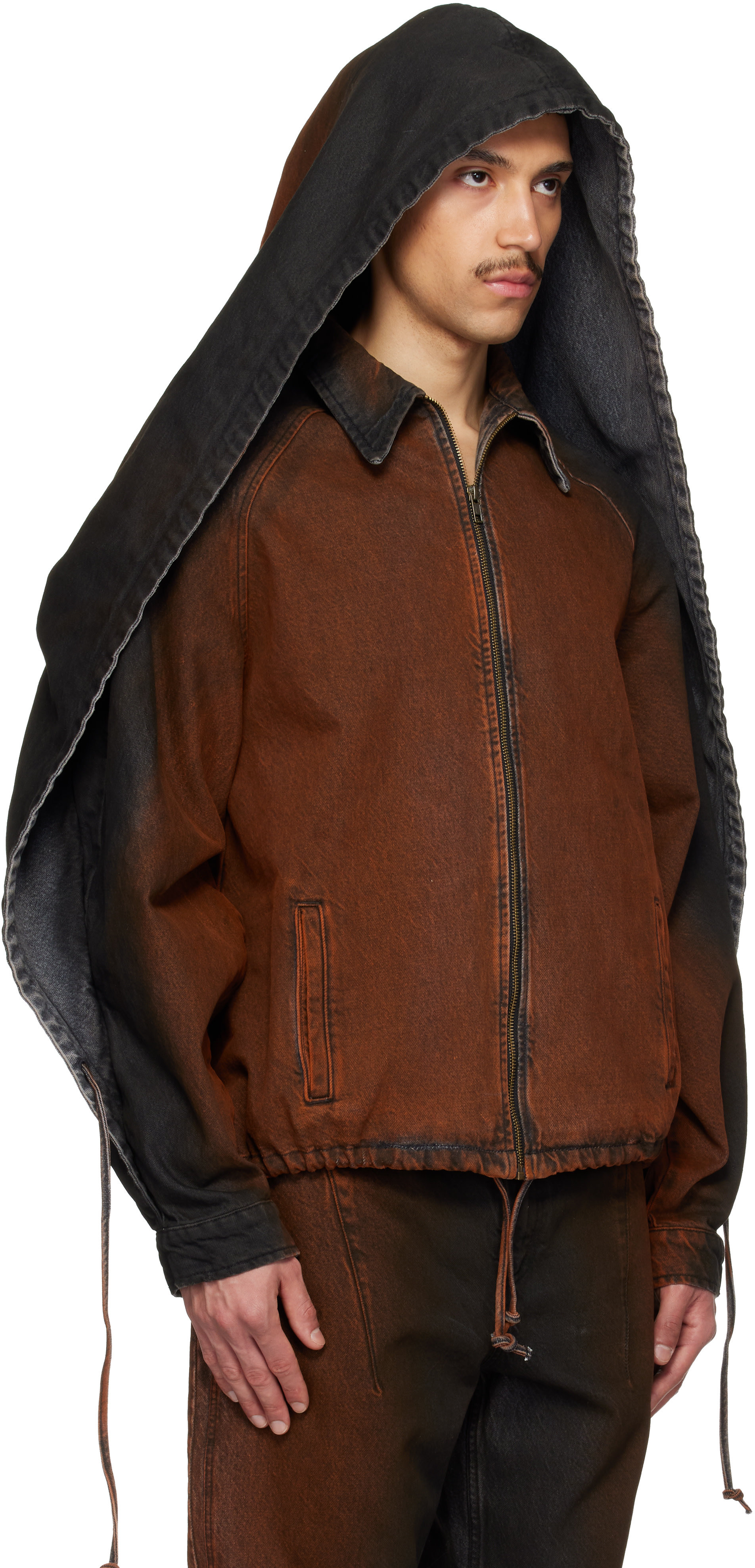 EGONlab: Black & Orange Convertible Hooded Denim Jacket | SSENSE