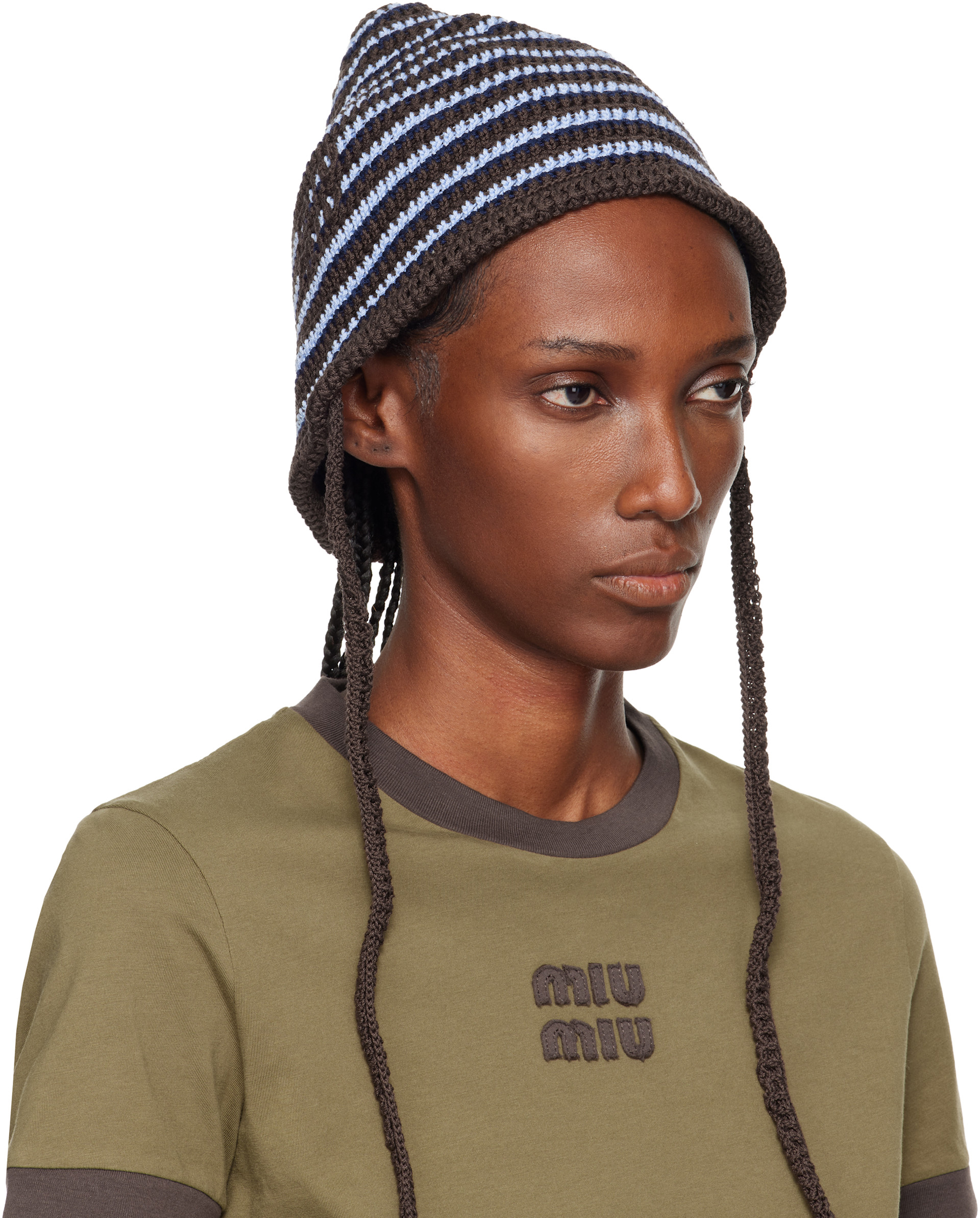 Miu Miu Navy Blue Logo Embroidered Bucket Hat with Drawstring Miu Miu: Brown & Blue Knitted Cotton Bucket Hat | SSENSE Canada main image 3