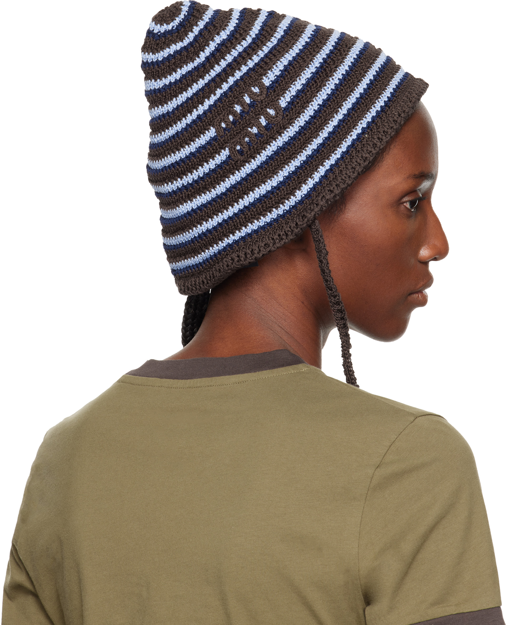 Miu Miu: Brown & Blue Knitted Cotton Bucket Hat | SSENSE Canada