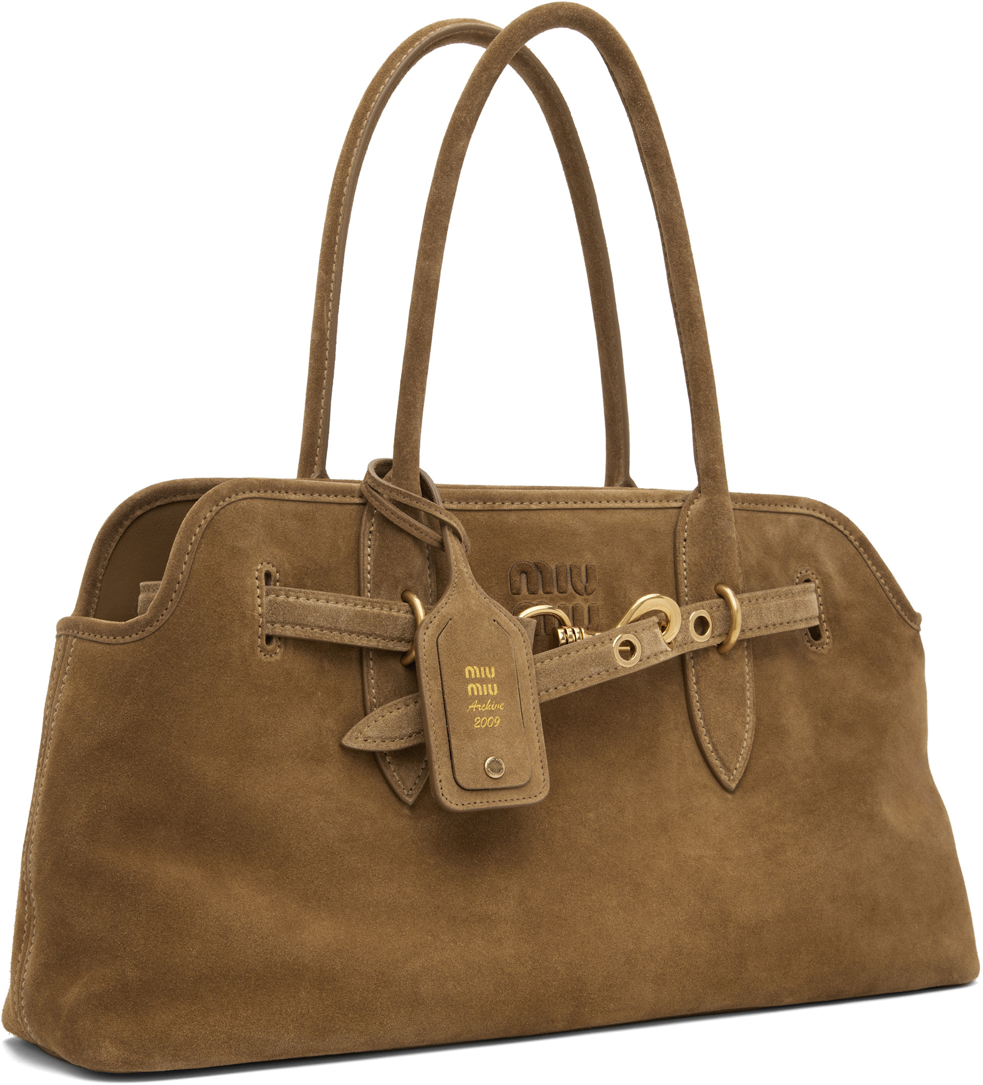 Miu Miu: Khaki Aventure Suede Bag | SSENSE Canada