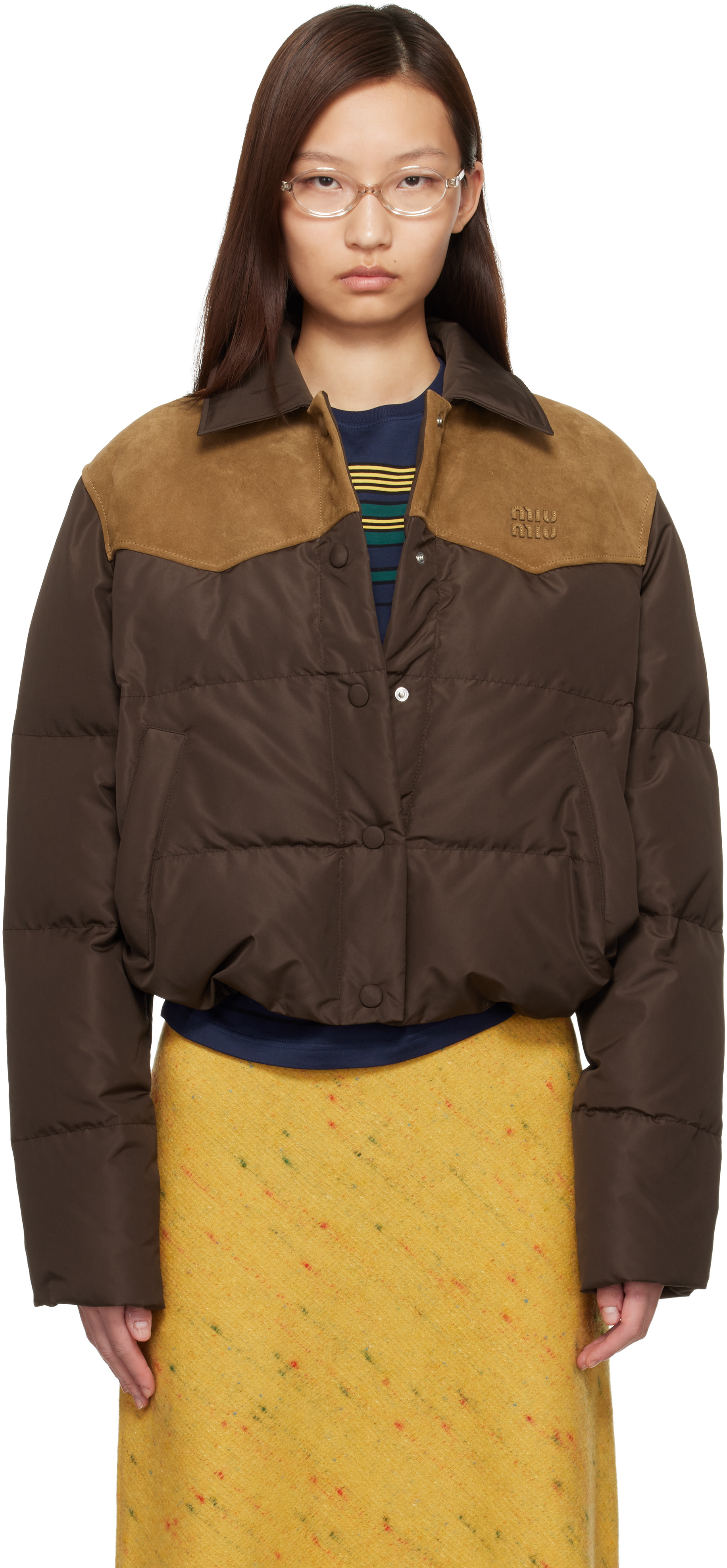 Miu Miu - Brown Technical Pongé & Leather Down Jacket