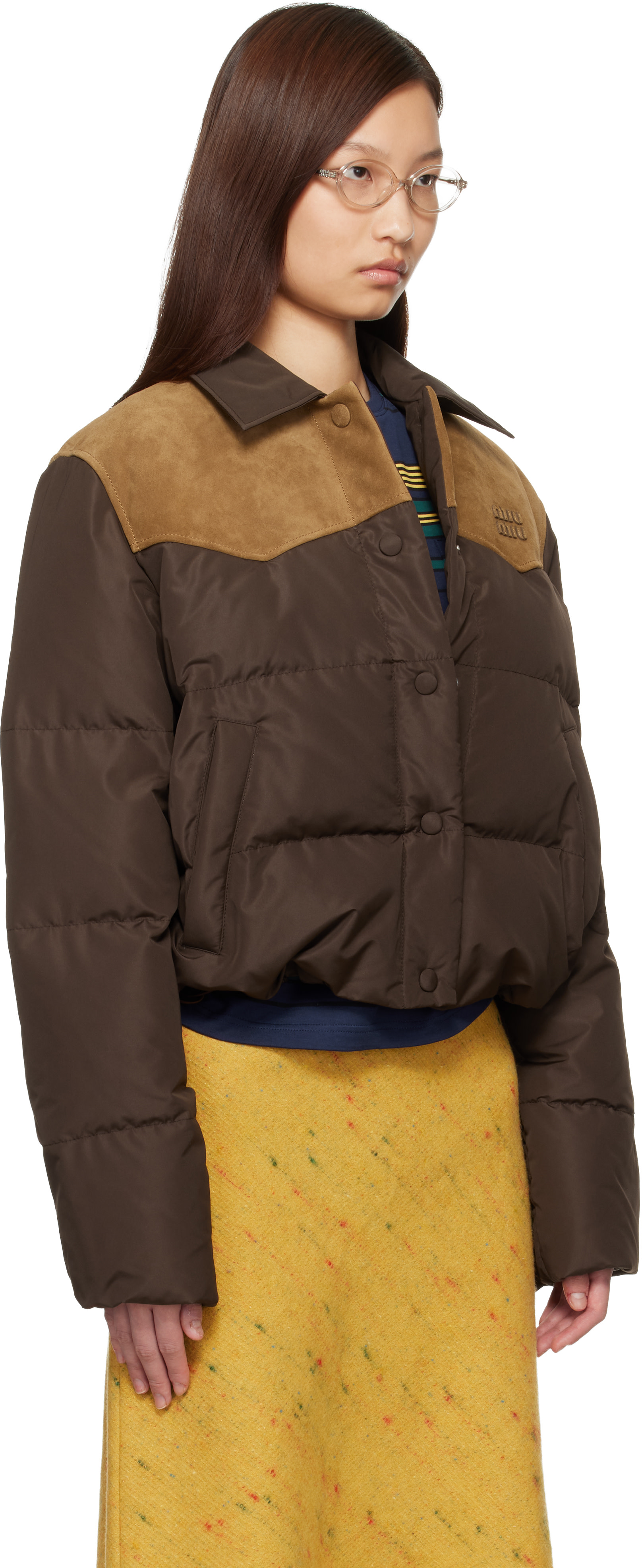 Miu Miu - Brown Technical Pongé & Leather Down Jacket