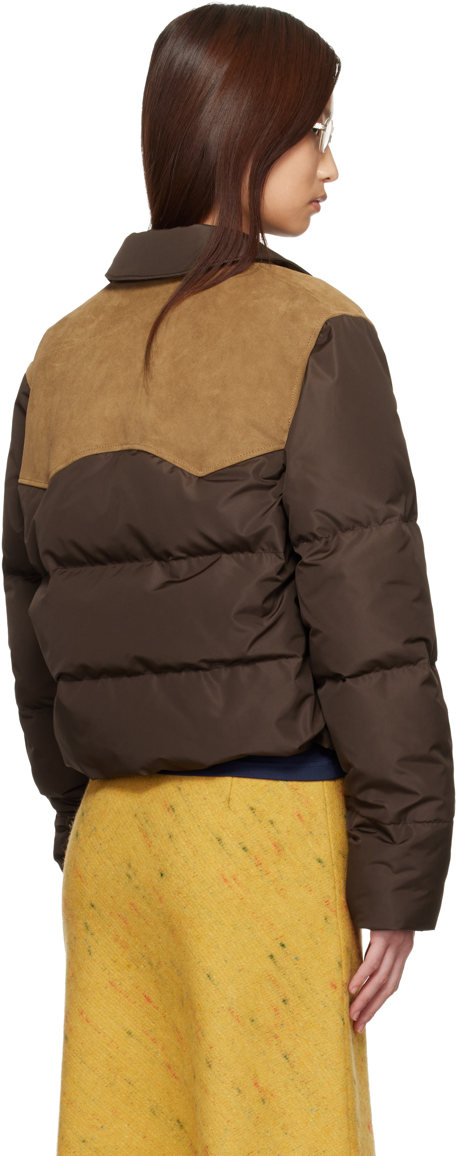 Miu Miu - Brown Technical Pongé & Leather Down Jacket
