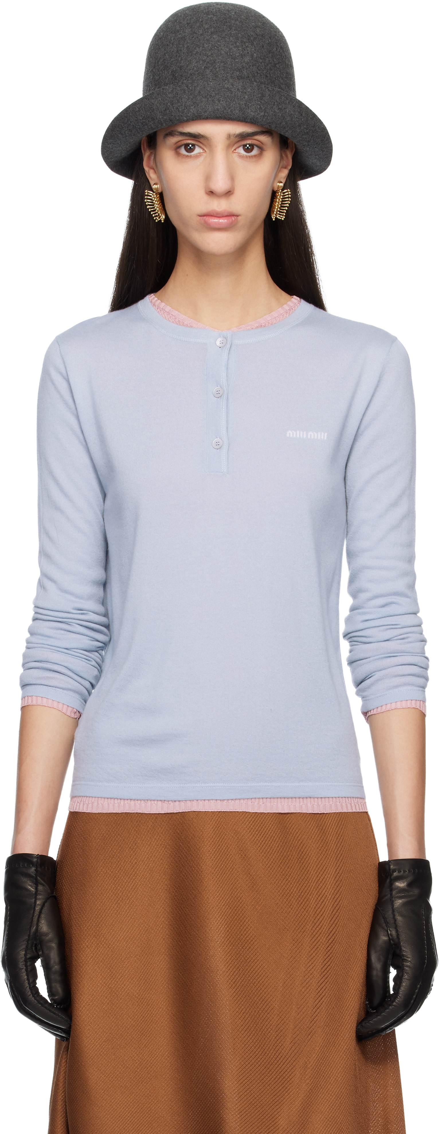 Miu Miu - Pull bleu en cachemire à col ras du cou
