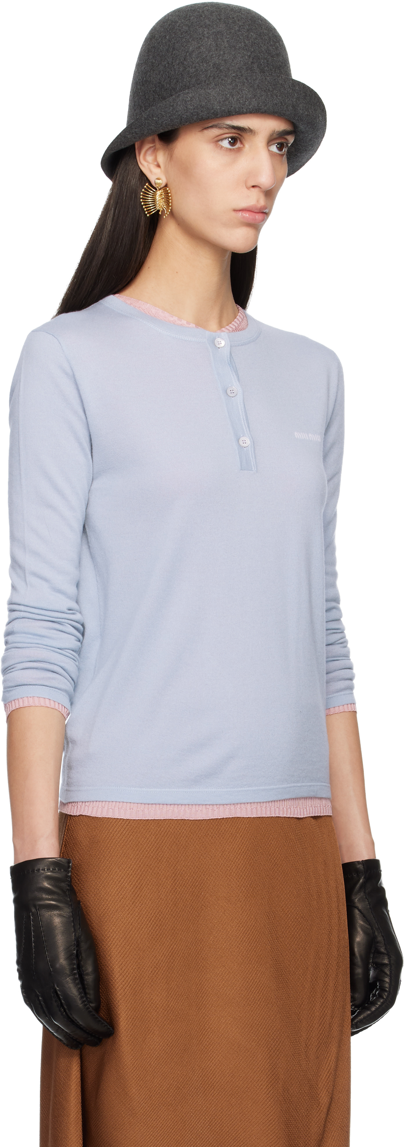Miu Miu - Pull bleu en cachemire à col ras du cou