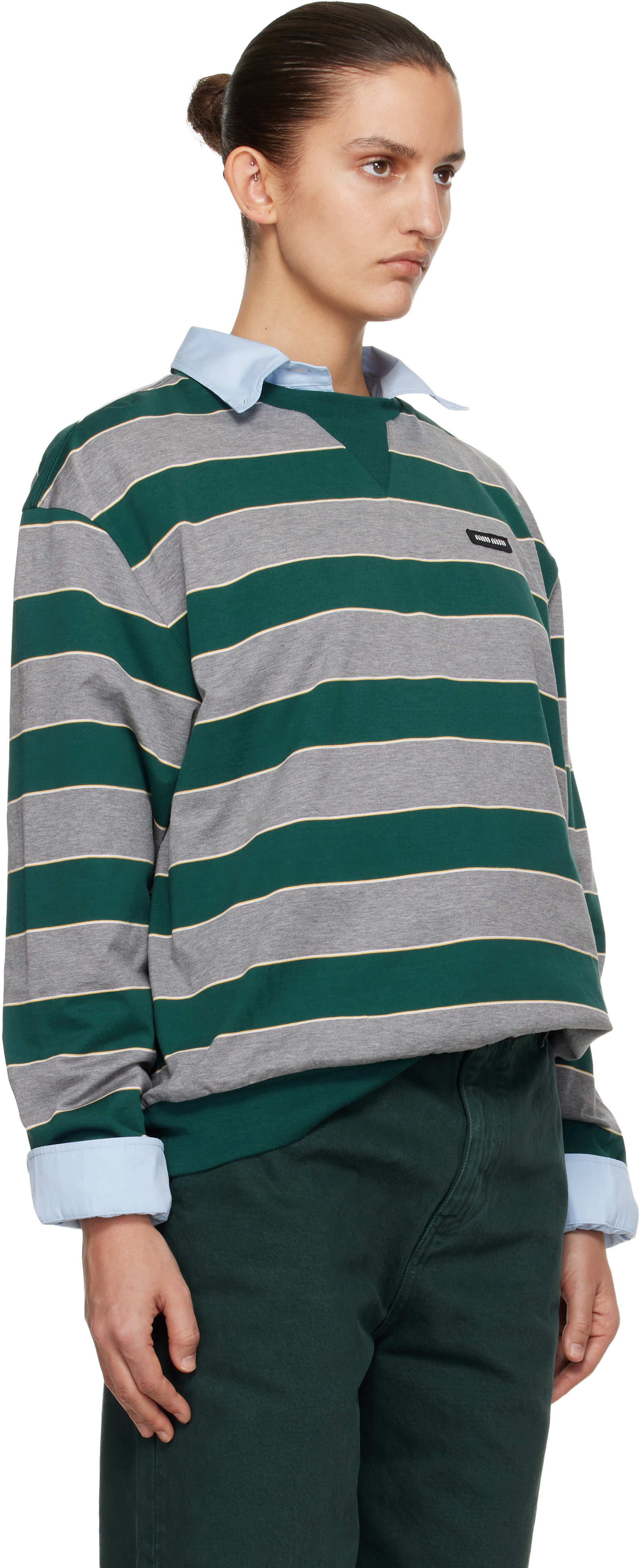 Miu Miu - Pull molletonné vert et gris en jersey à rayures