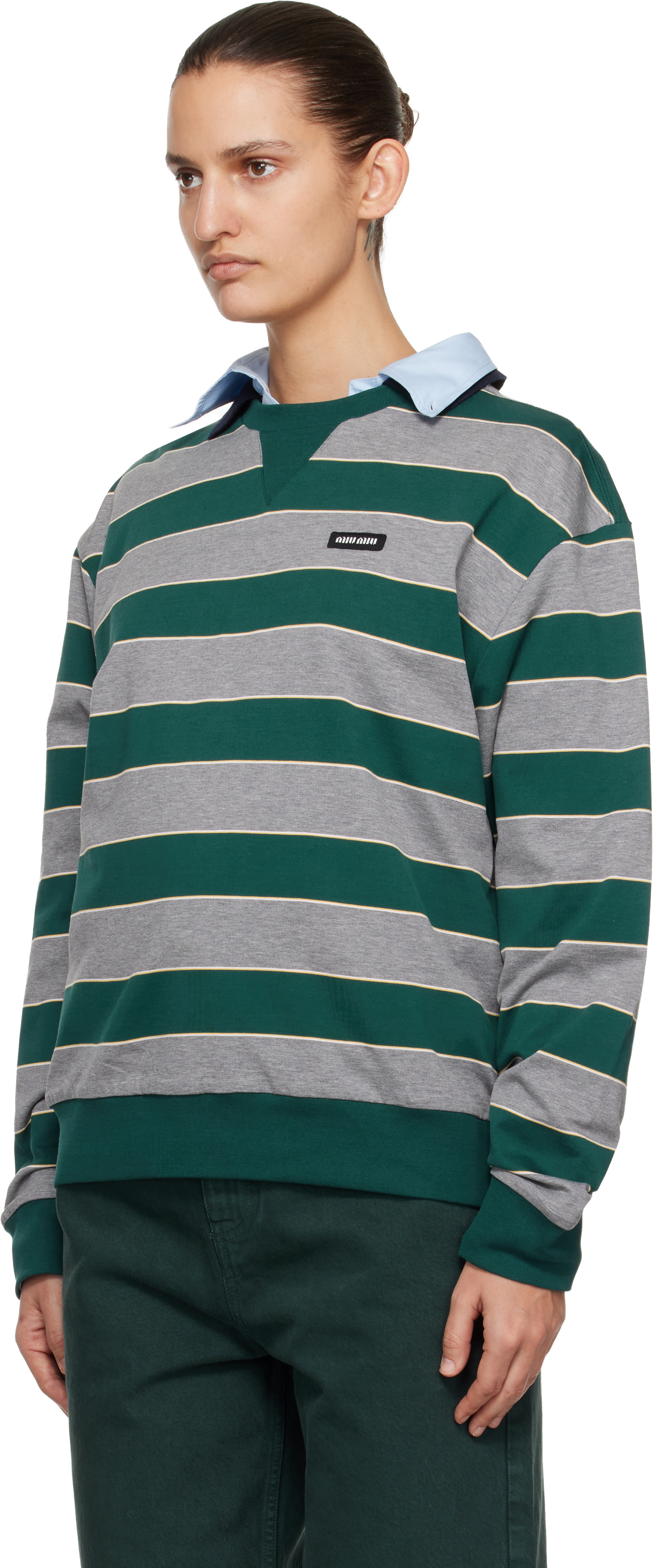 Miu Miu - Pull molletonné vert et gris en jersey à rayures