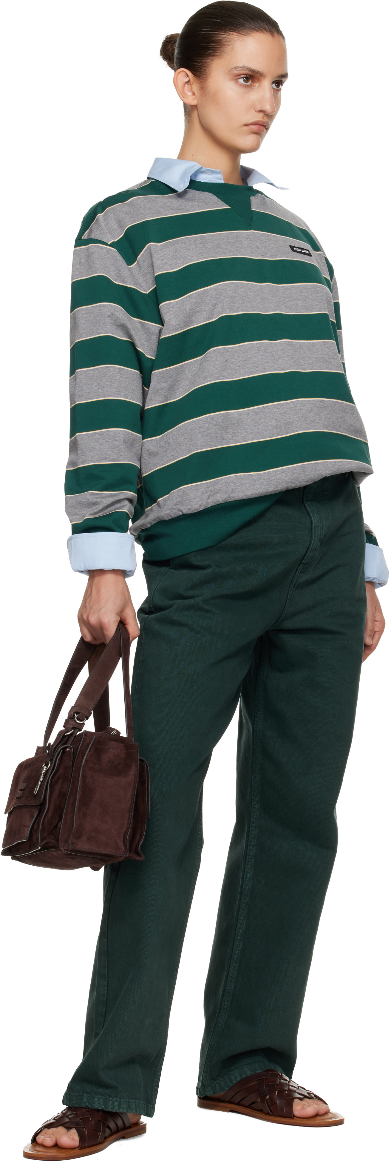 Miu Miu - Pull molletonné vert et gris en jersey à rayures