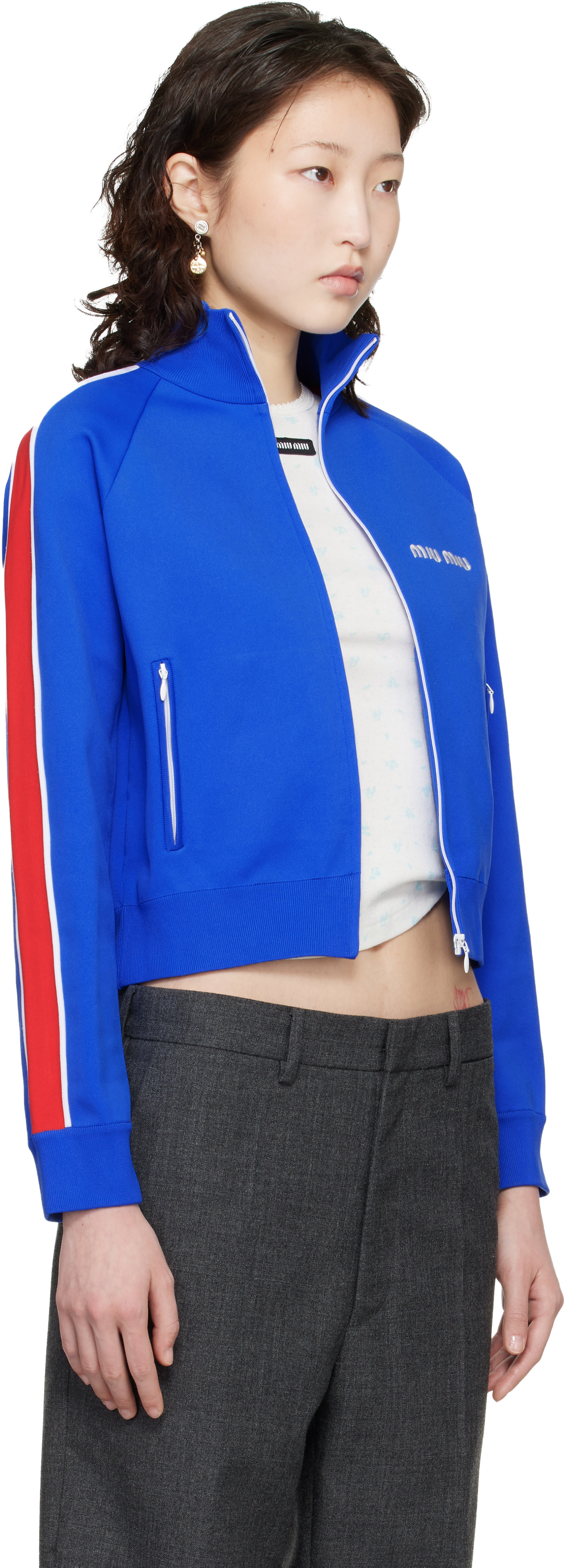 MIU MIU ジップアップ ジャケット ネイビー Miu Miu: Navy Technical Yarn Zipper Track Jacket | SSENSE Canada