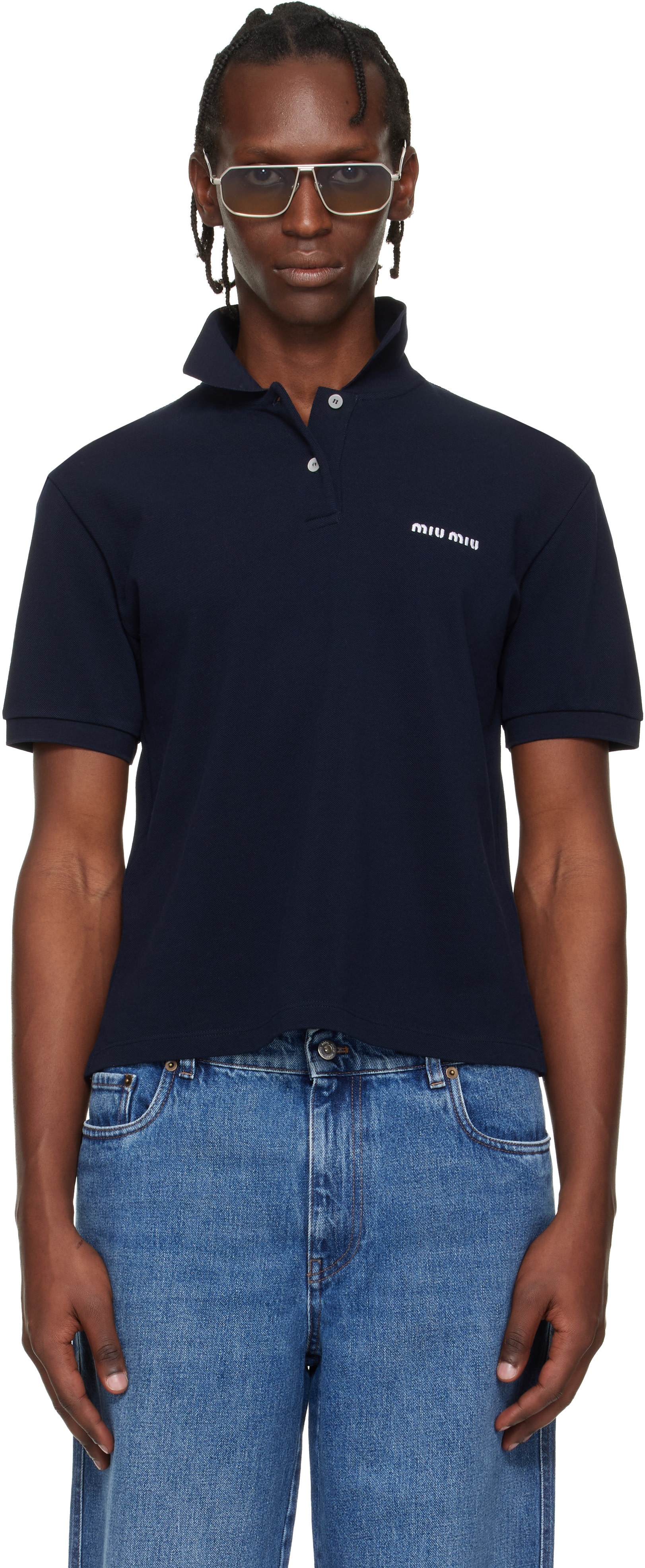 Miu Miu: Navy Cotton Piqué Polo | SSENSE Canada