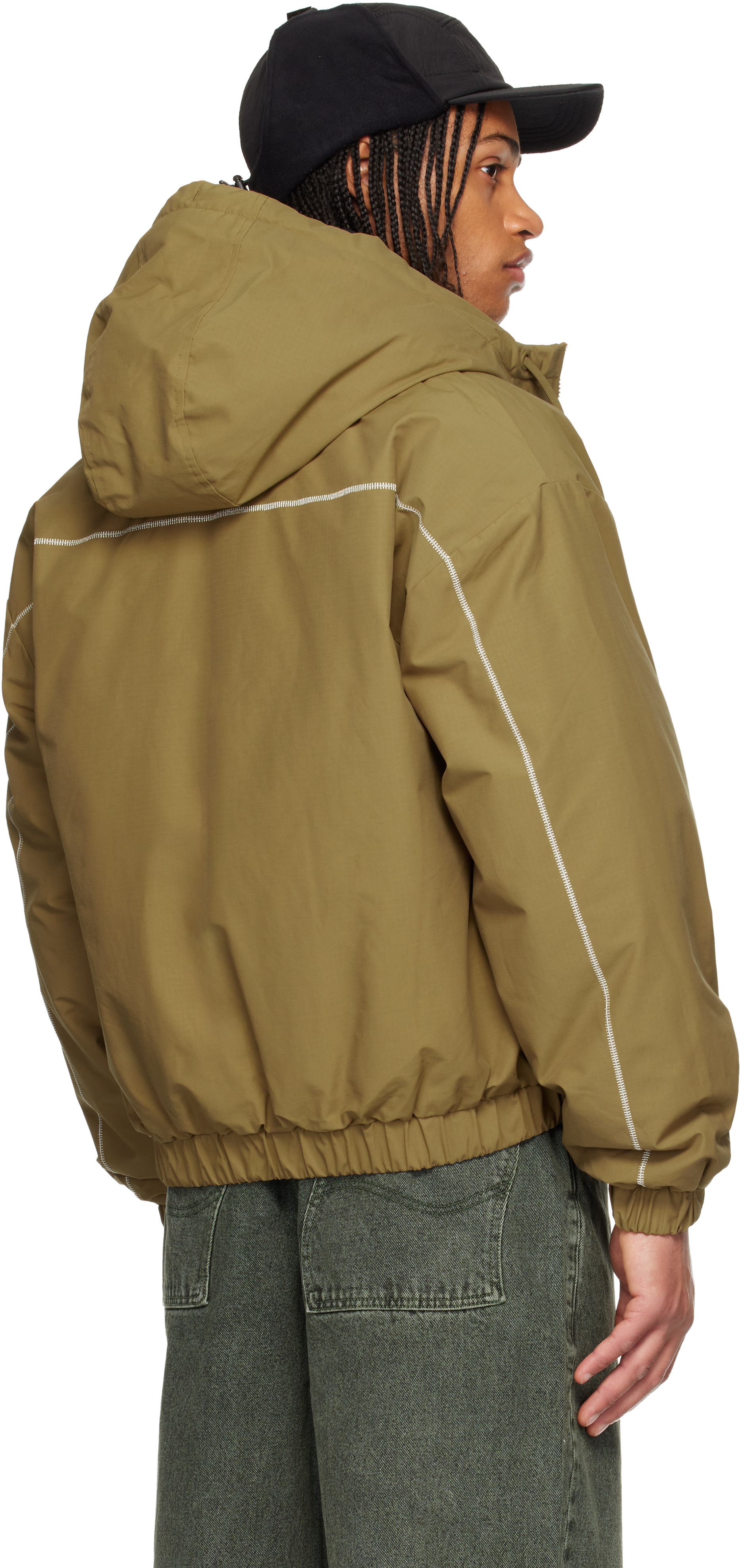 『Dime 』Quilted Hooded Jacket Khaki Dime: Khaki Quilted Ripstop Puffer Jacket | SSENSE Canada