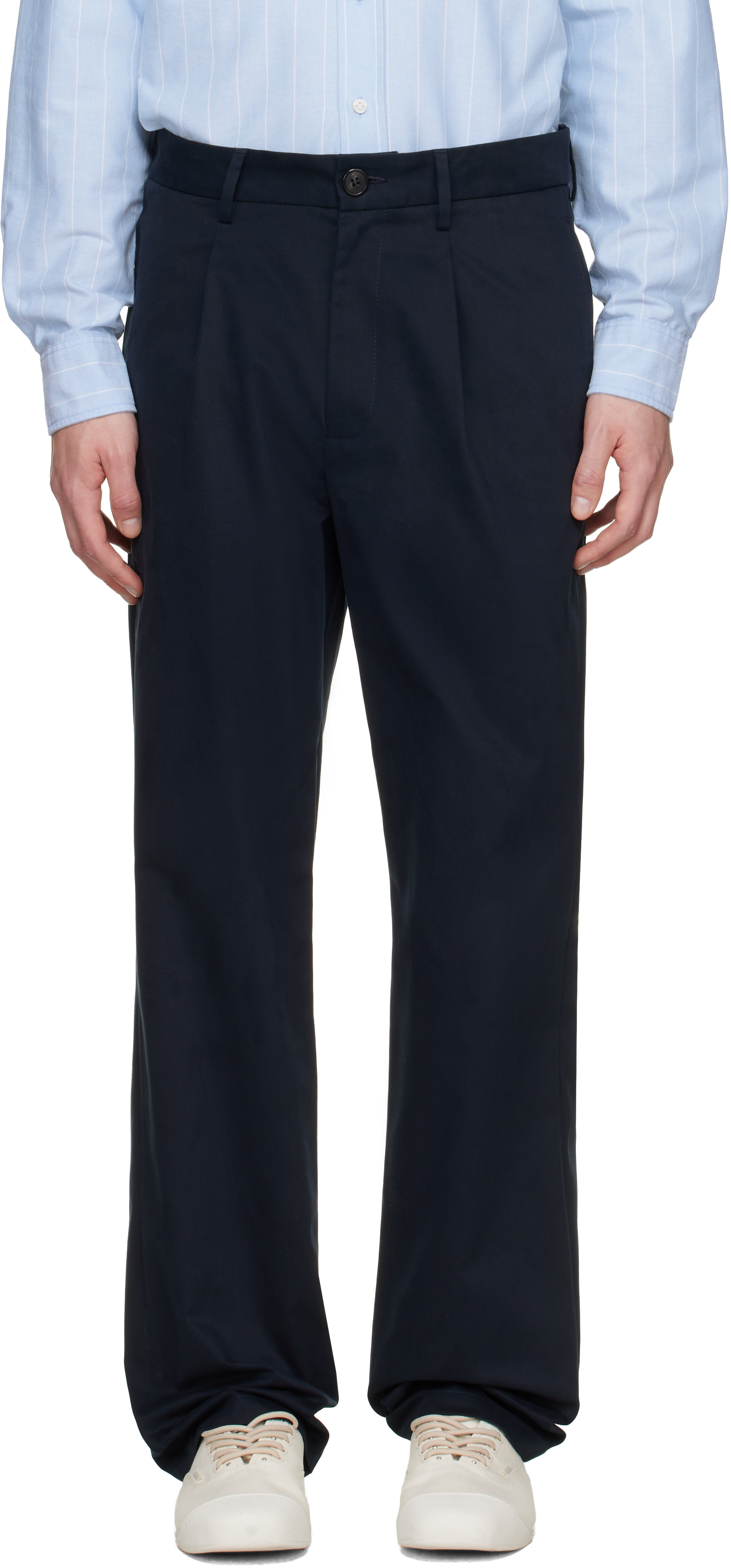 Noah - Navy Sanded Twill Pleated Trousers