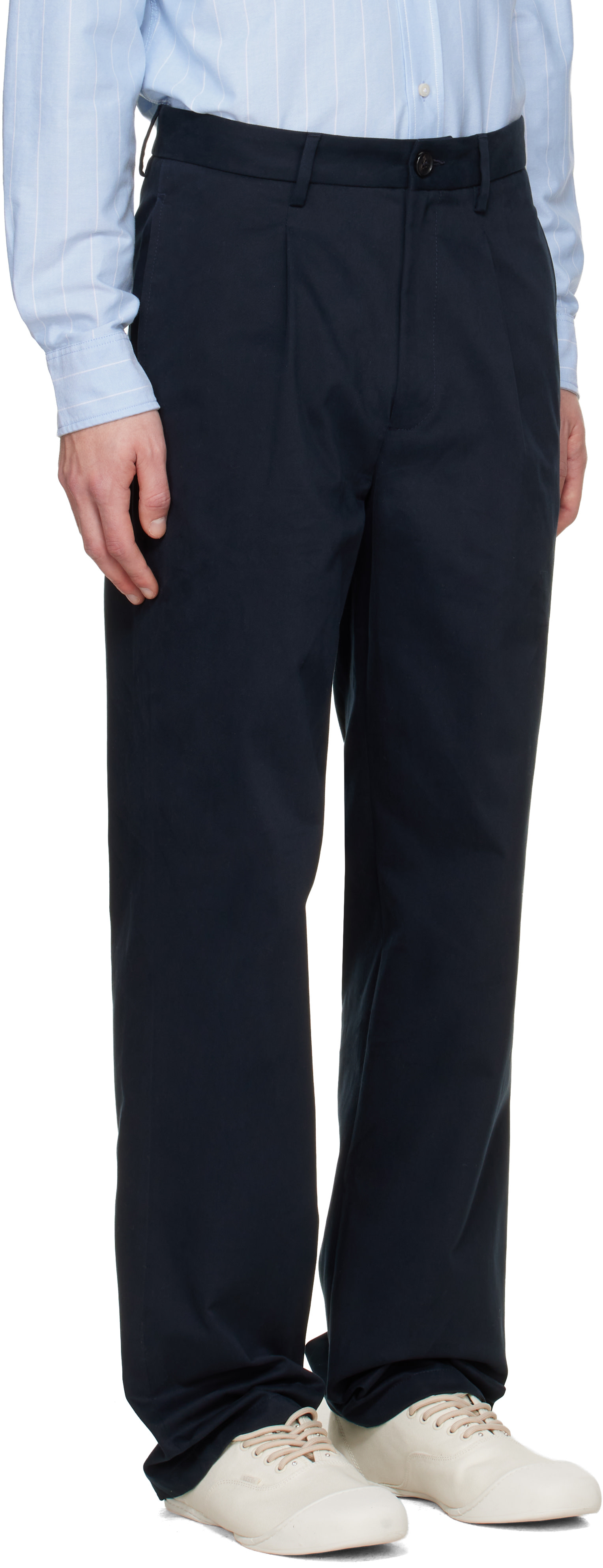 Noah - Navy Sanded Twill Pleated Trousers