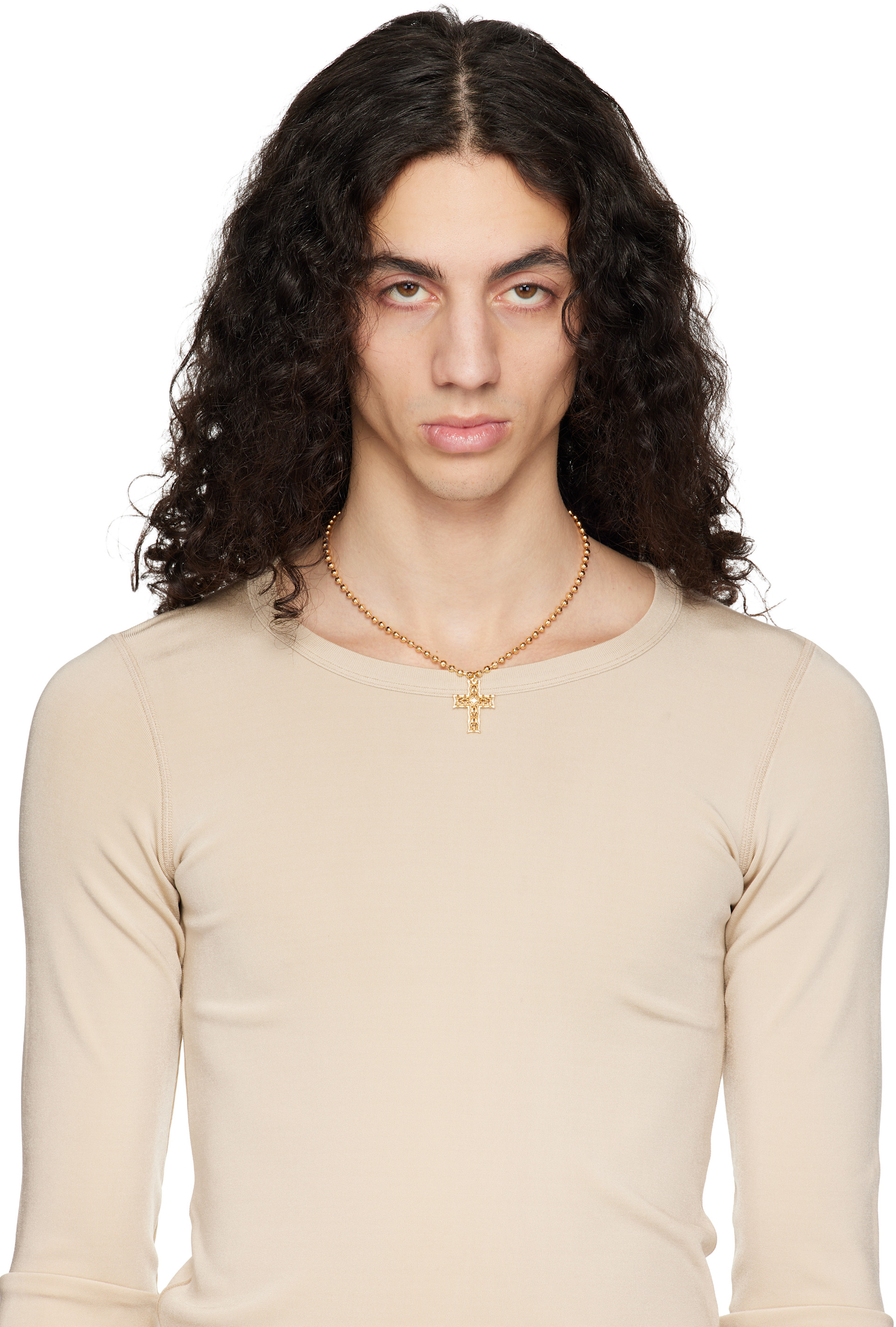 Emanuele Bicocchi: Gold Beaded Chain Notre-Dame Cross Necklace