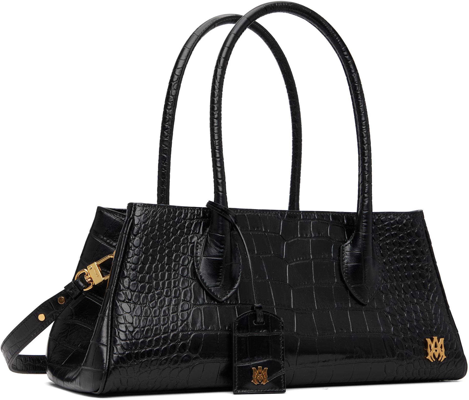 AMIRI バッグ AMIRI: Black Embossed Croc Honey 40 Shoulder Bag | SSENSE